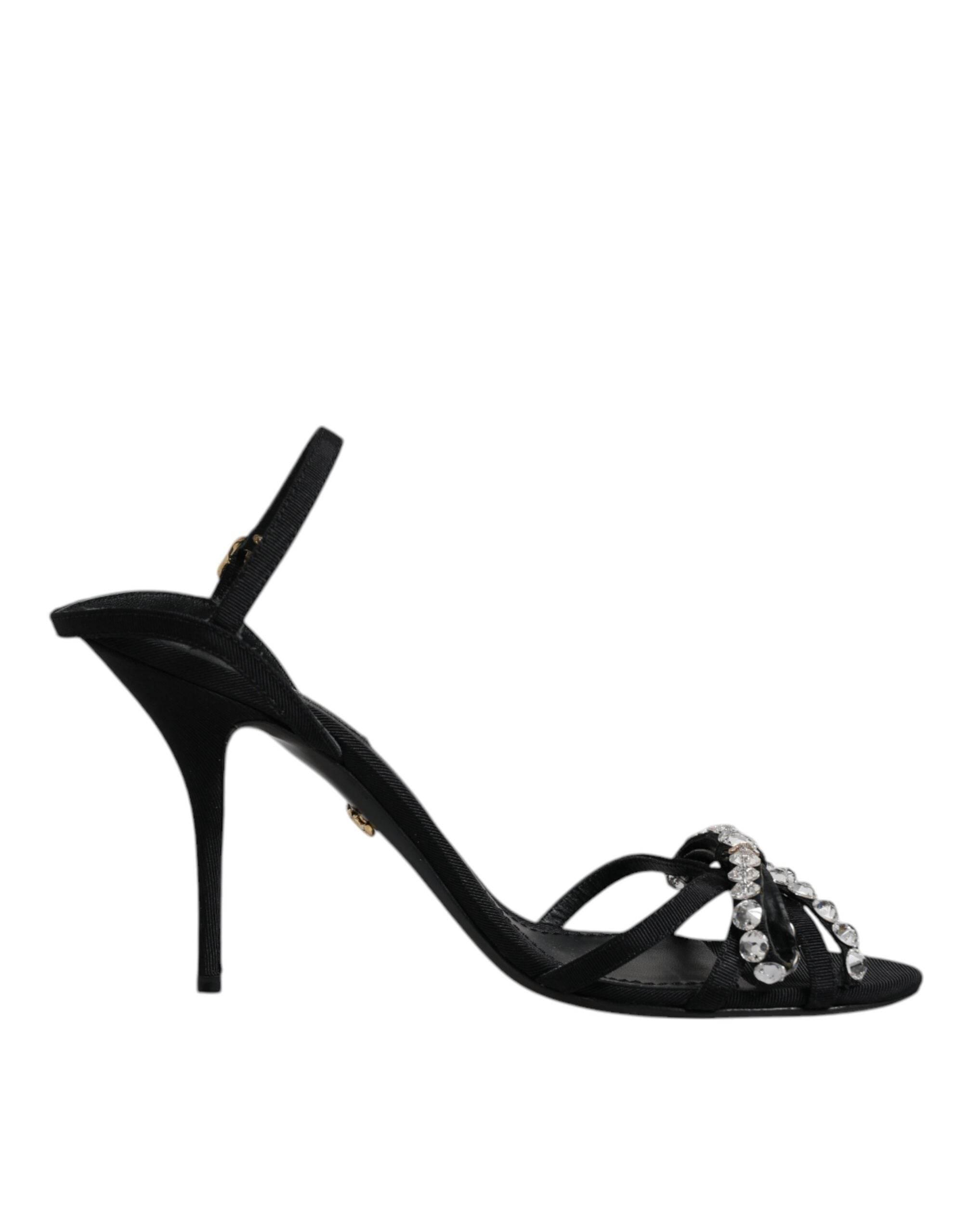 Dolce & Gabbana Black Leather Crystal Bow KEIRA Sandals Shoes - Hilstor