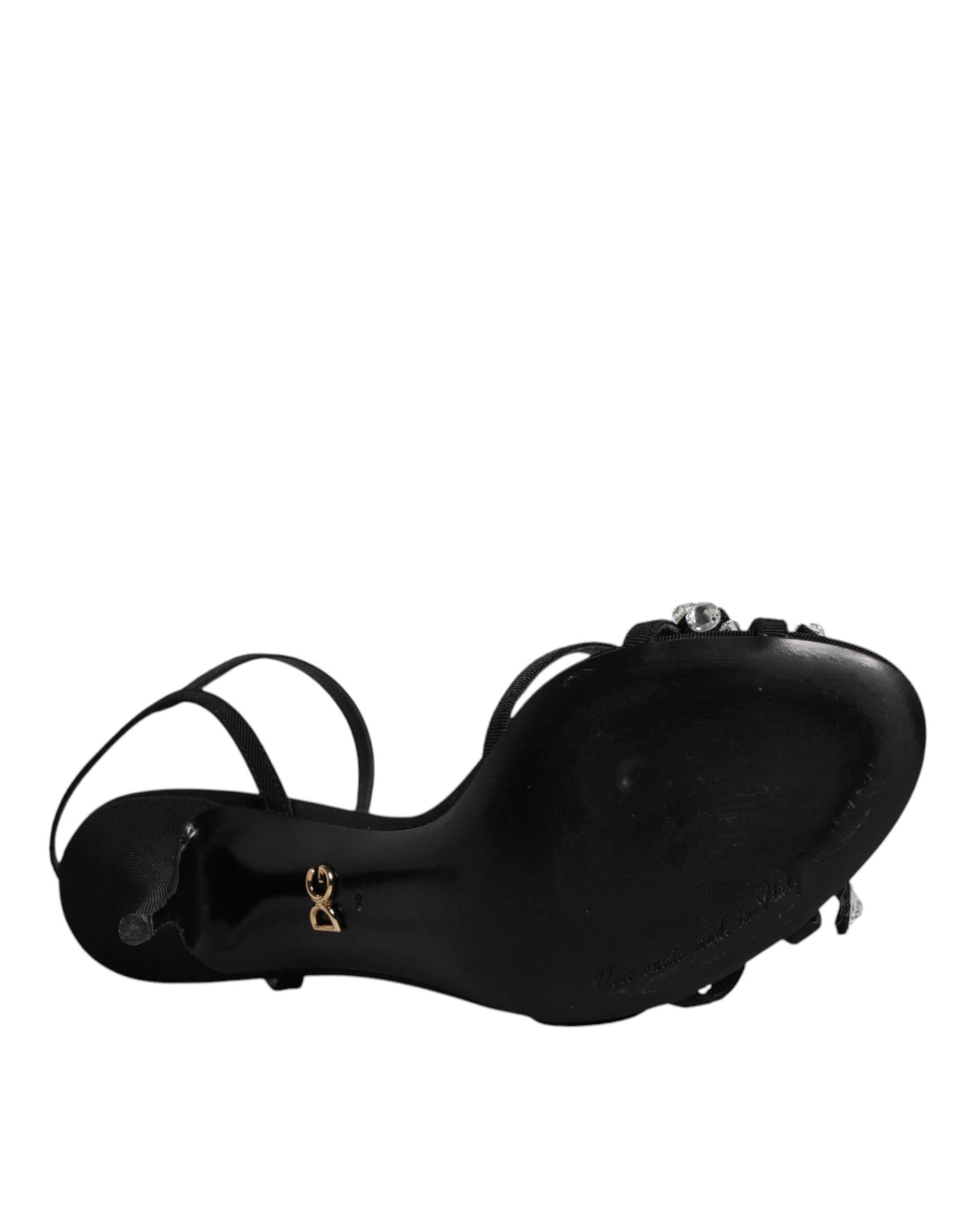 Dolce & Gabbana Black Leather Crystal Bow KEIRA Sandals Shoes - Hilstor