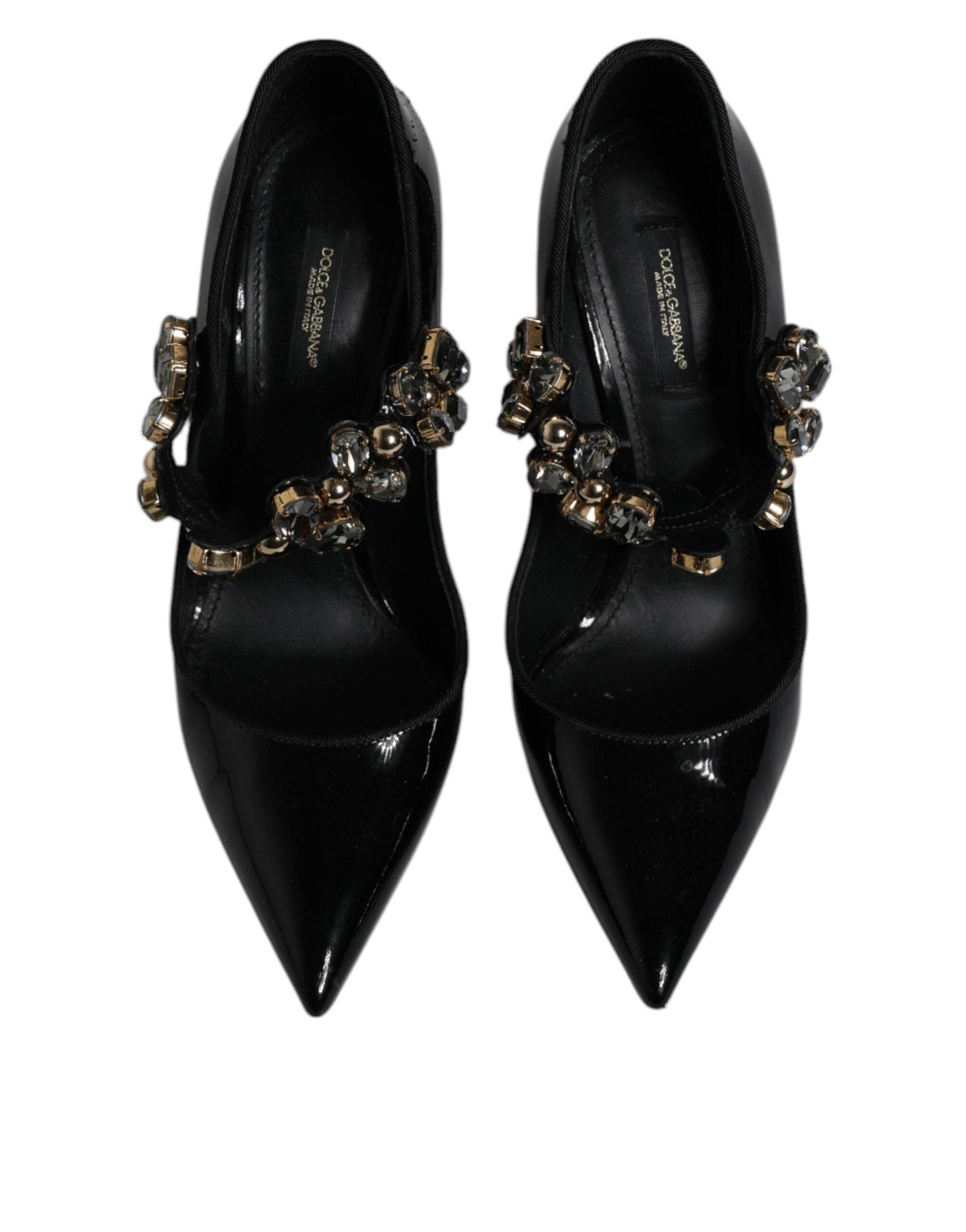 Dolce & Gabbana Black Leather Crystal Mary Jane Pumps Shoes - Hilstor
