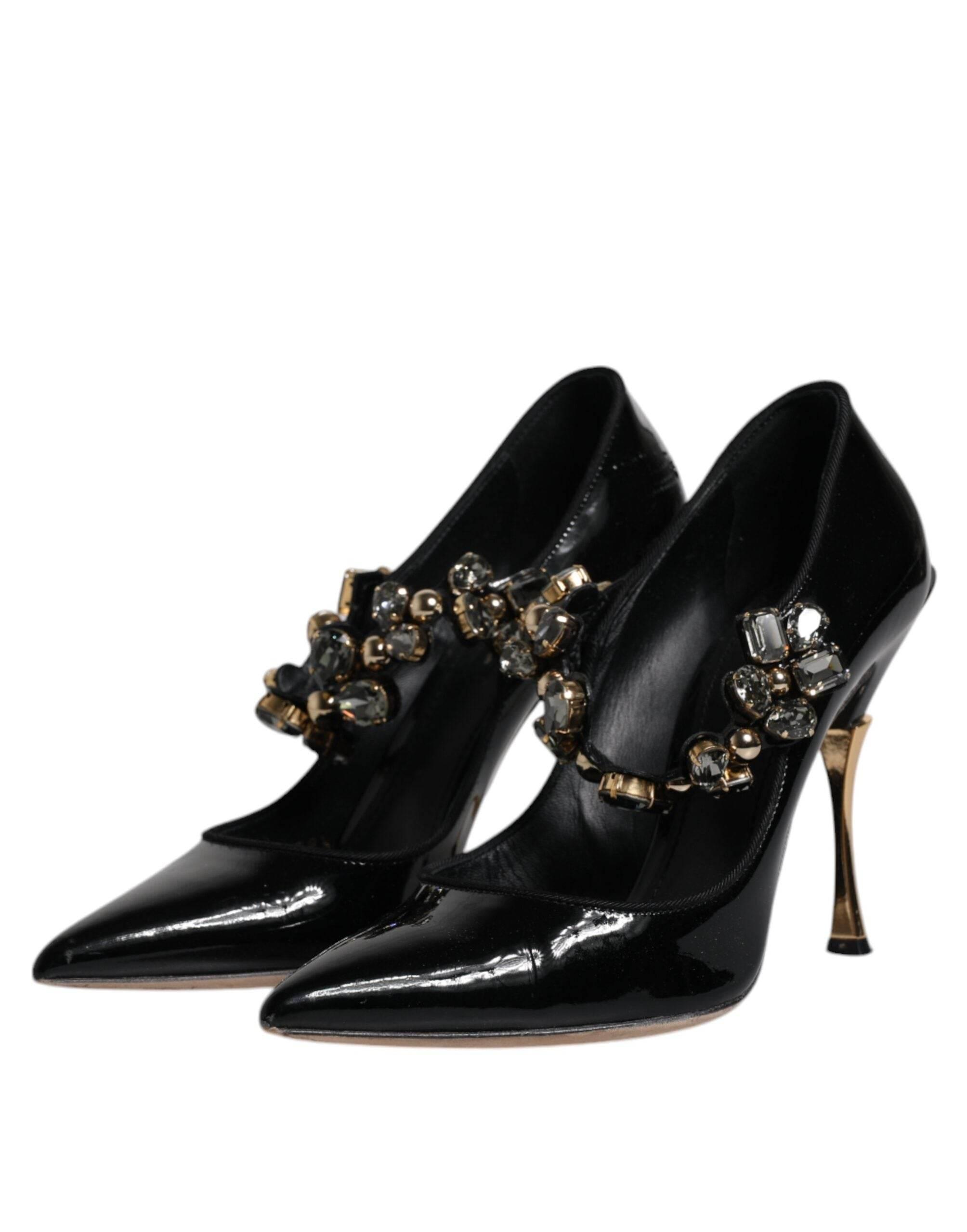 Dolce & Gabbana Black Leather Crystal Mary Jane Pumps Shoes - Hilstor