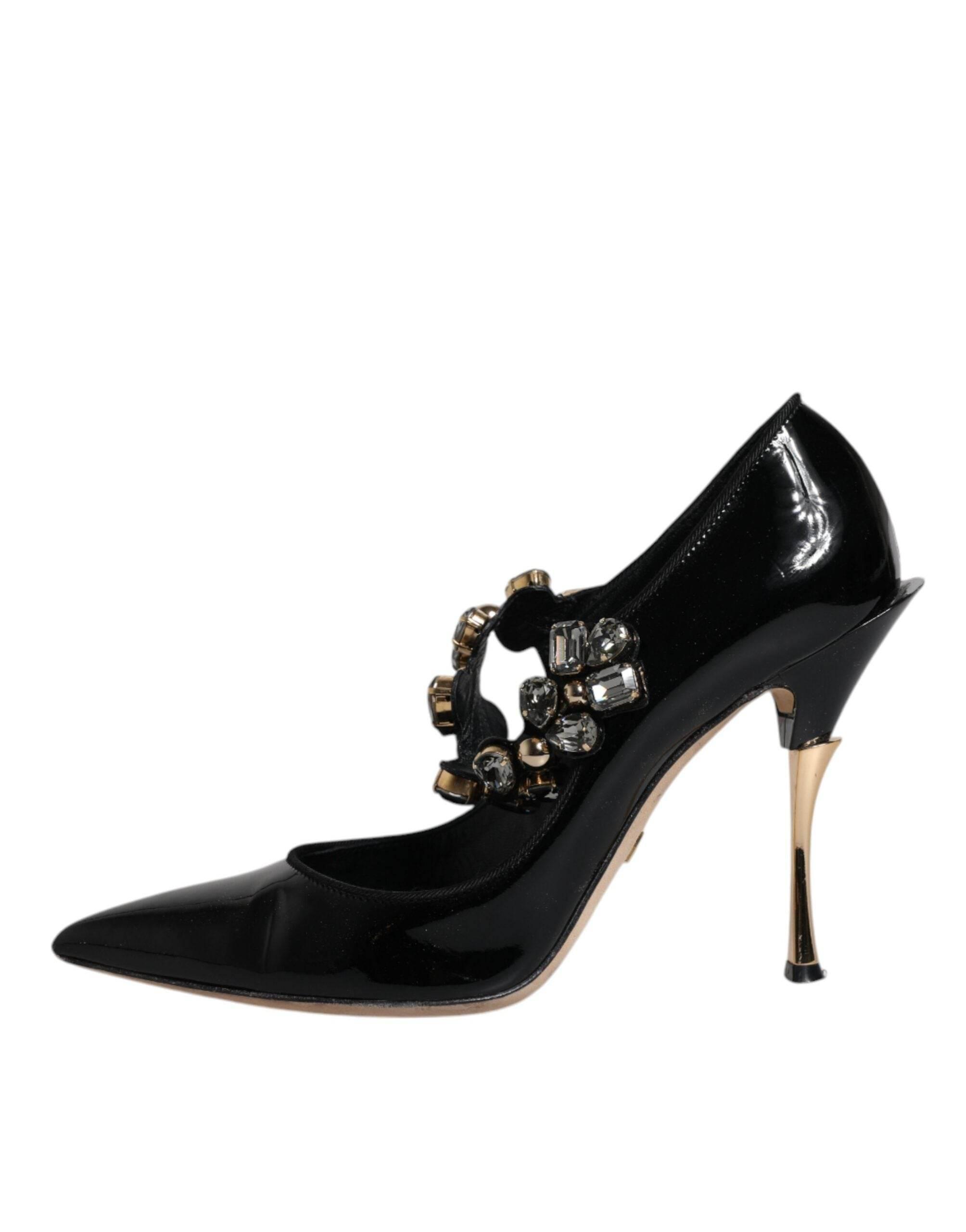 Dolce & Gabbana Black Leather Crystal Mary Jane Pumps Shoes - Hilstor