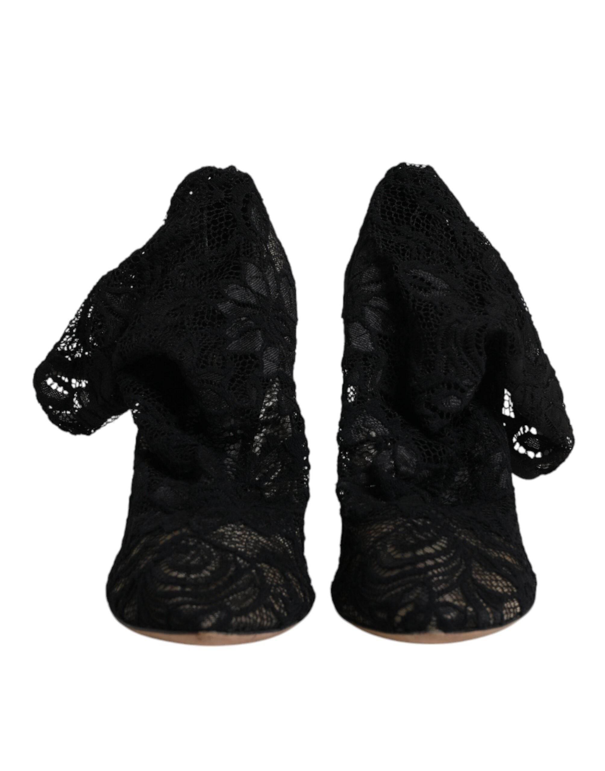 Dolce & Gabbana Black Lace Stretch Heels Mid Calf Boots Shoes - Hilstor