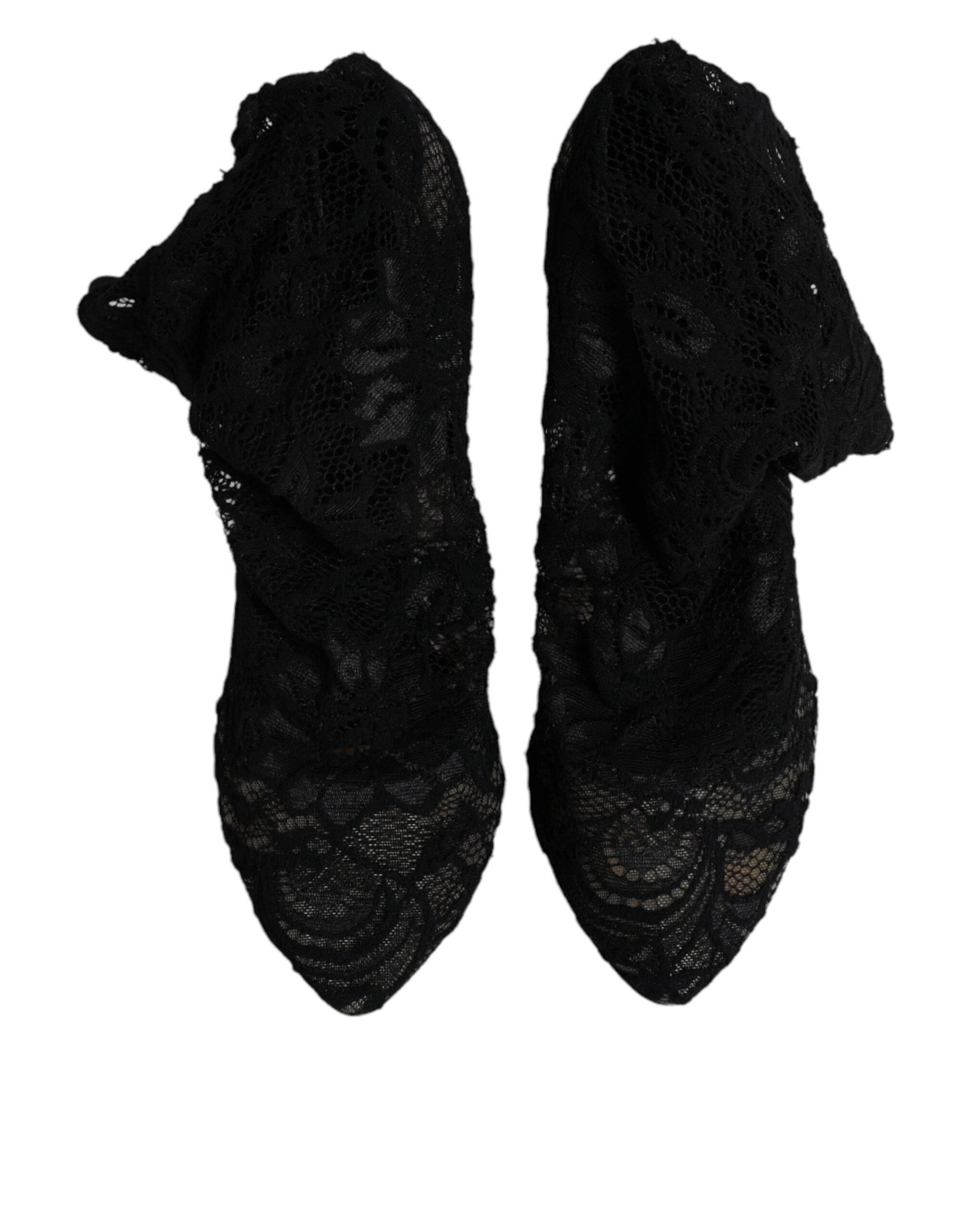 Dolce & Gabbana Black Lace Stretch Heels Mid Calf Boots Shoes - Hilstor