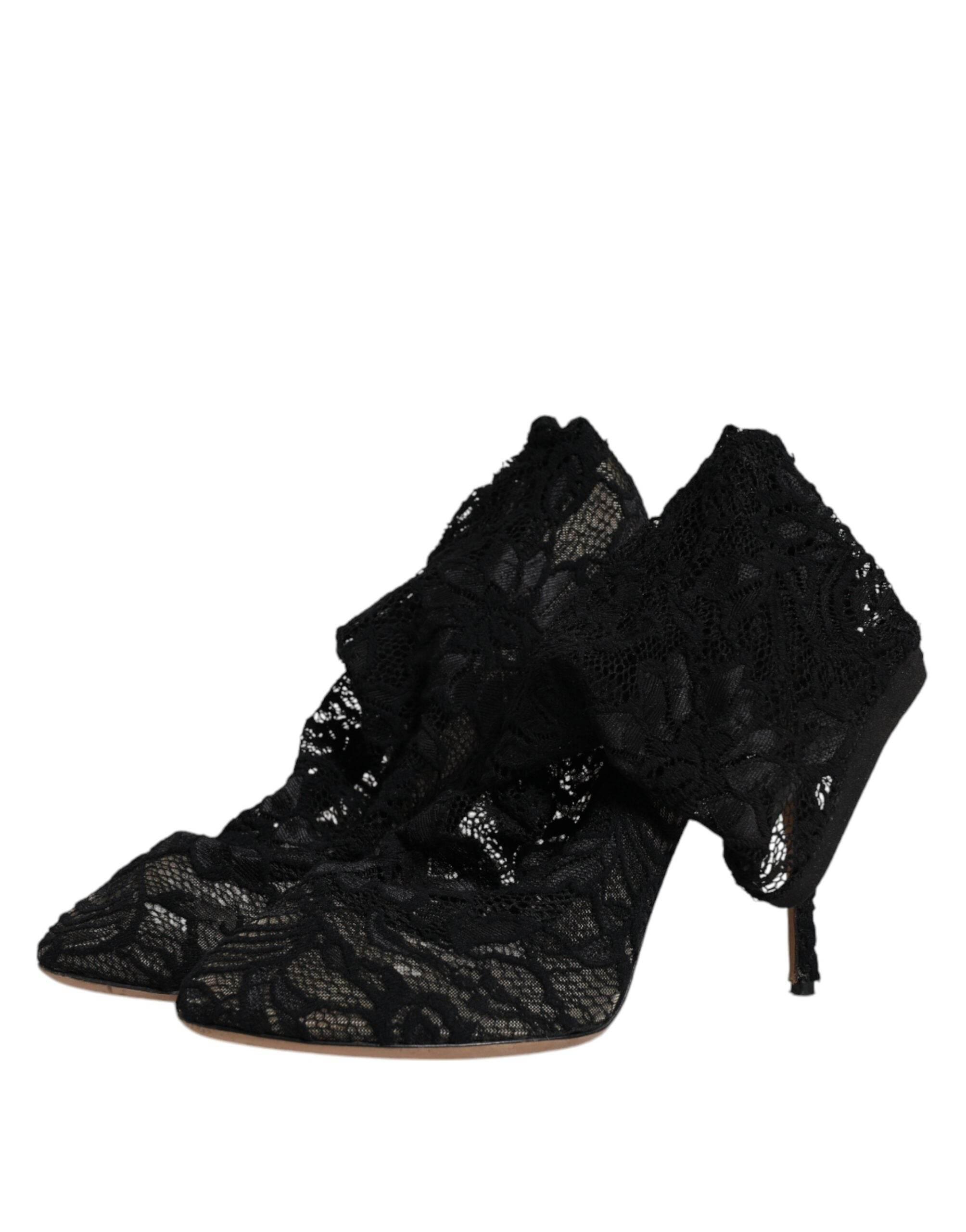 Dolce & Gabbana Black Lace Stretch Heels Mid Calf Boots Shoes - Hilstor