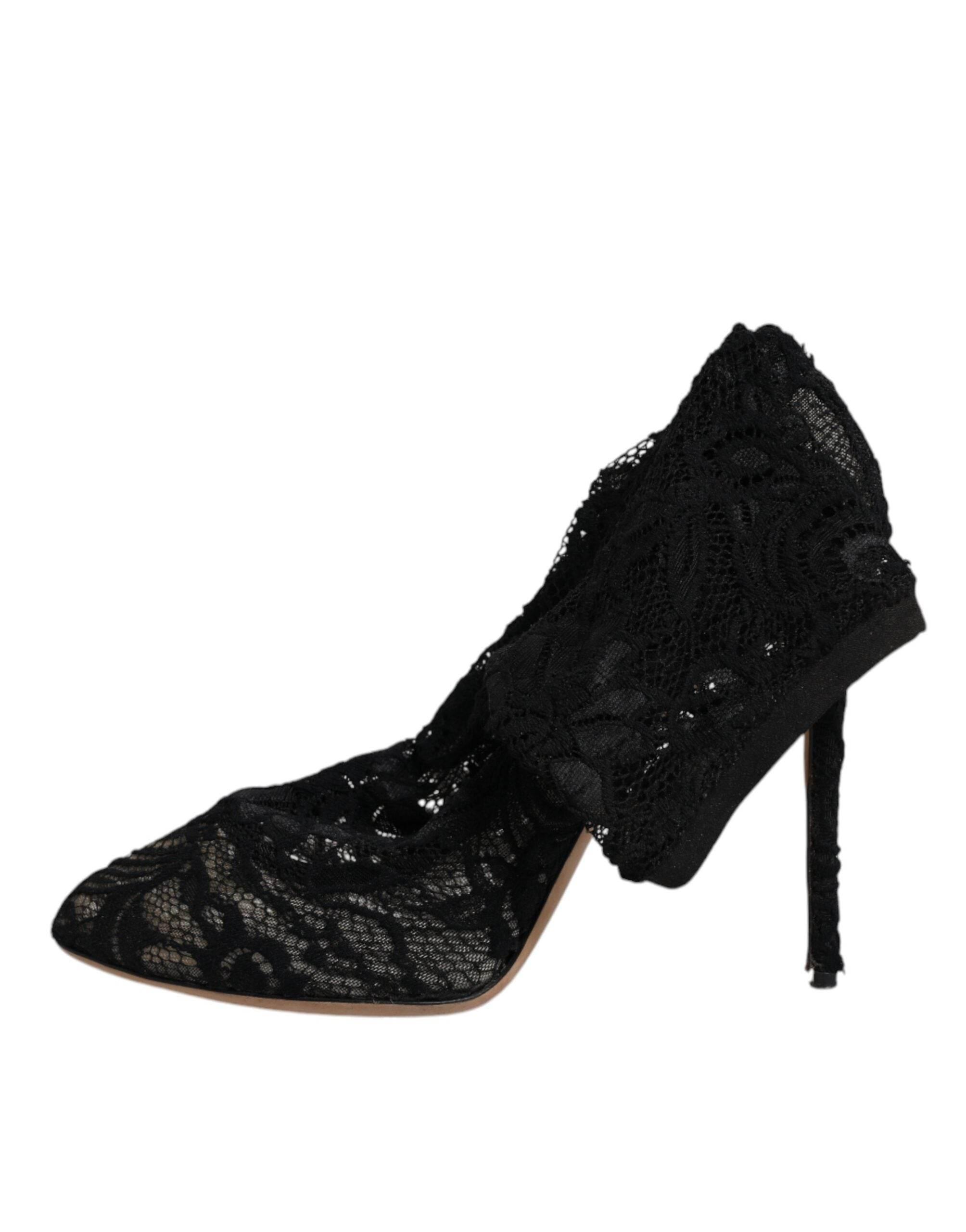 Dolce & Gabbana Black Lace Stretch Heels Mid Calf Boots Shoes - Hilstor