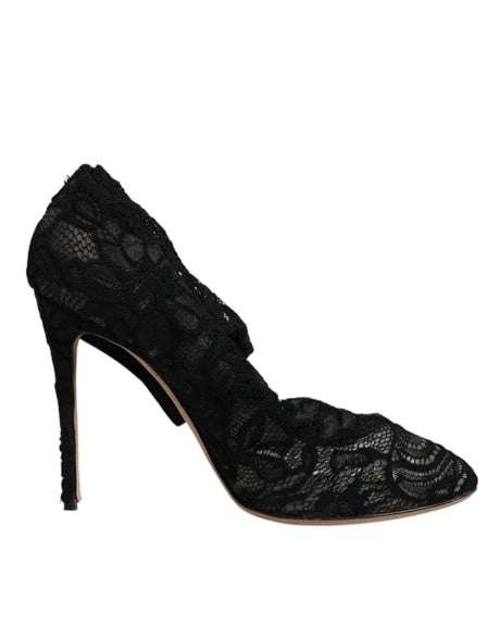 Dolce & Gabbana Black Lace Stretch Heels Mid Calf Boots Shoes - Hilstor