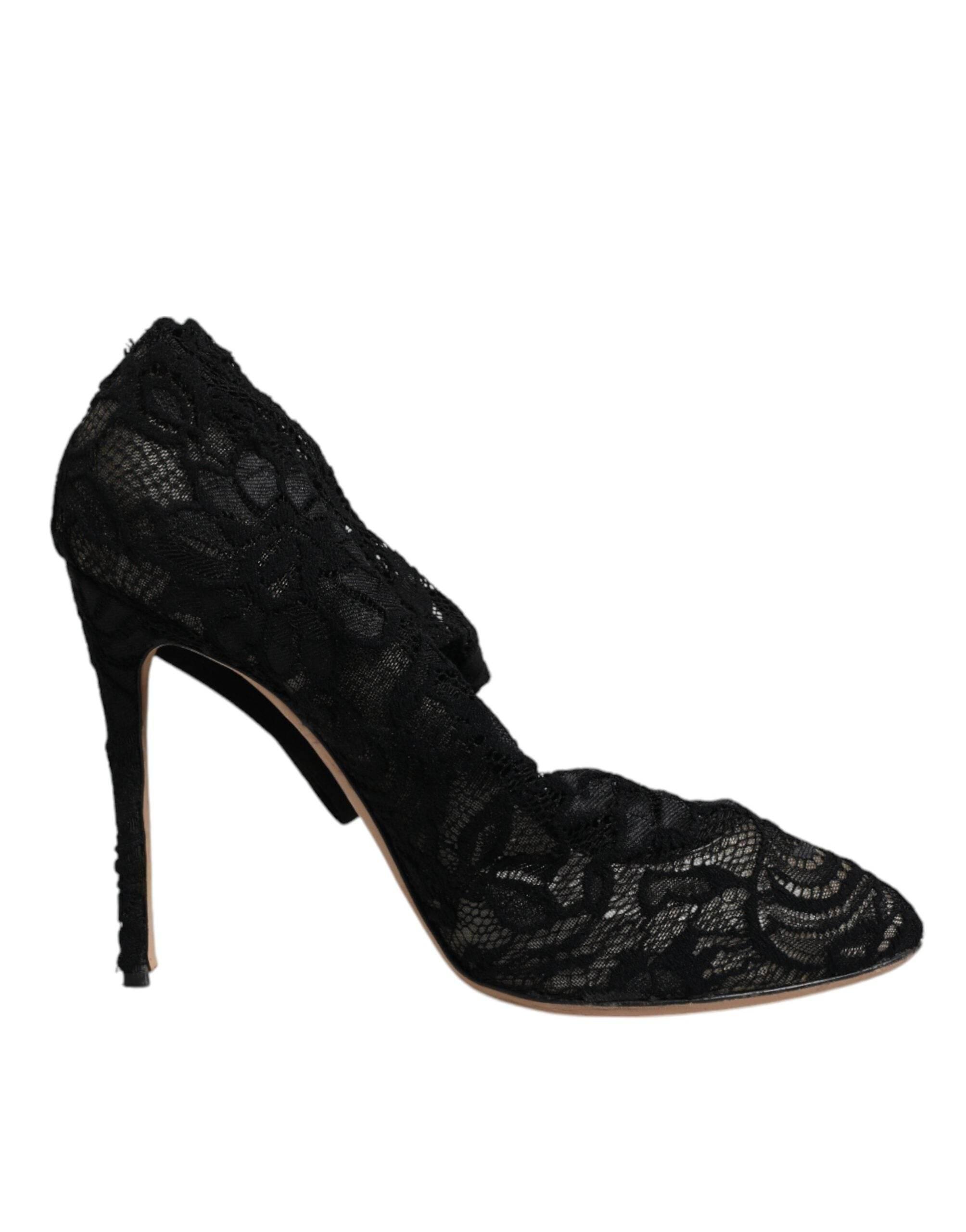 Dolce & Gabbana Black Lace Stretch Heels Mid Calf Boots Shoes - Hilstor