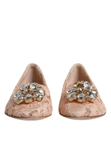 Dolce & Gabbana Beige Lace Crystal Ballet Flats Loafers Shoes - Hilstor