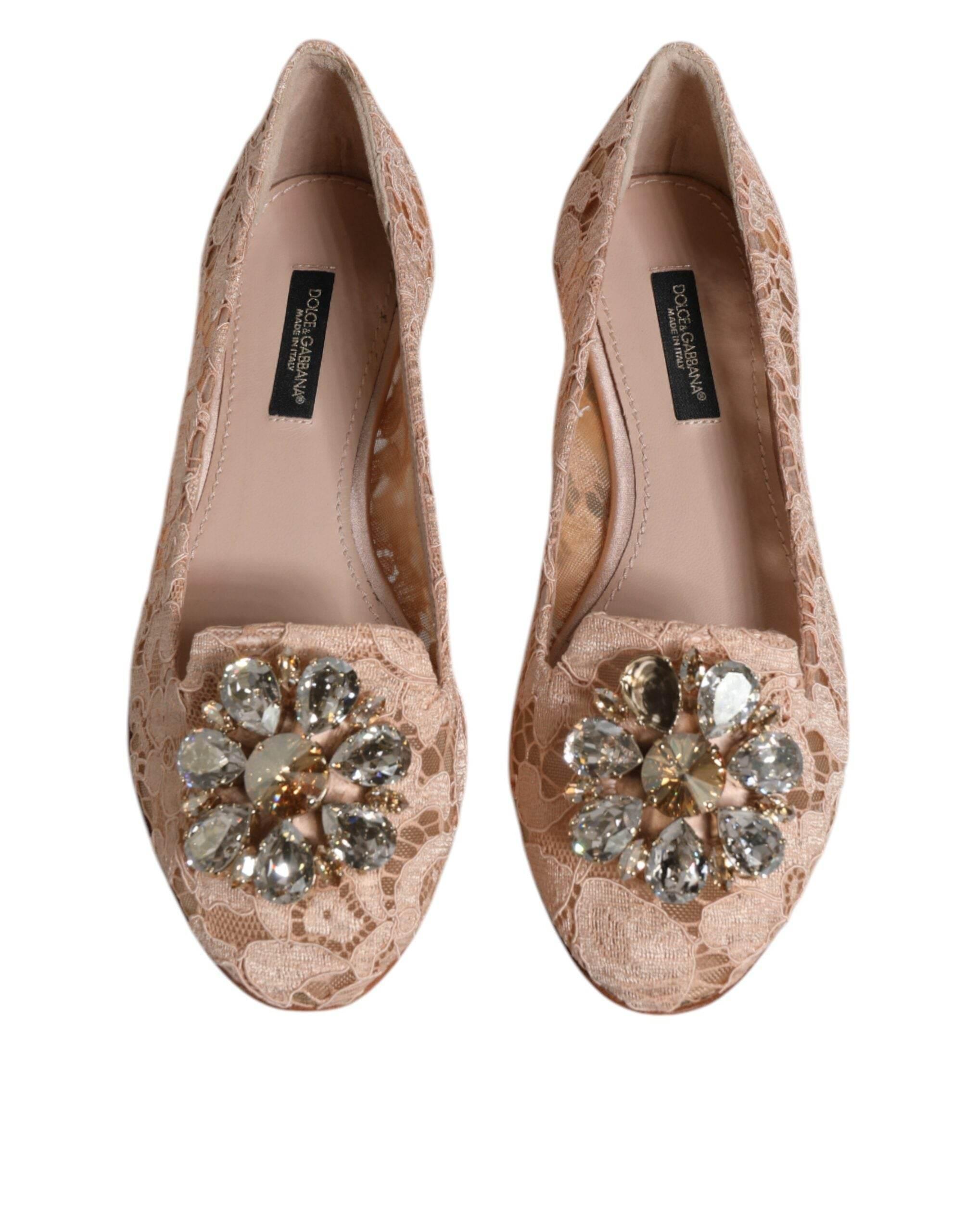 Dolce & Gabbana Beige Lace Crystal Ballet Flats Loafers Shoes - Hilstor