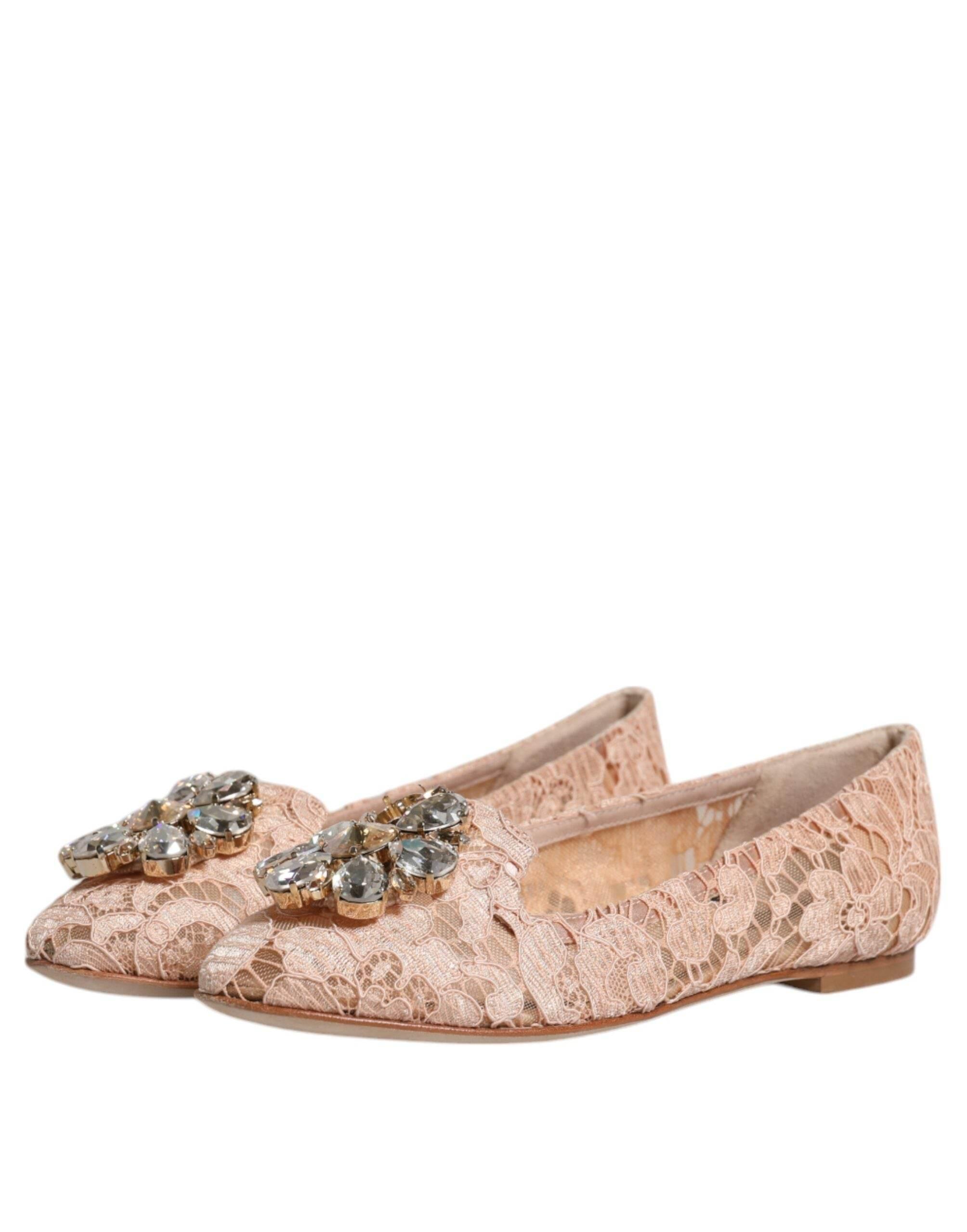 Dolce & Gabbana Beige Lace Crystal Ballet Flats Loafers Shoes - Hilstor