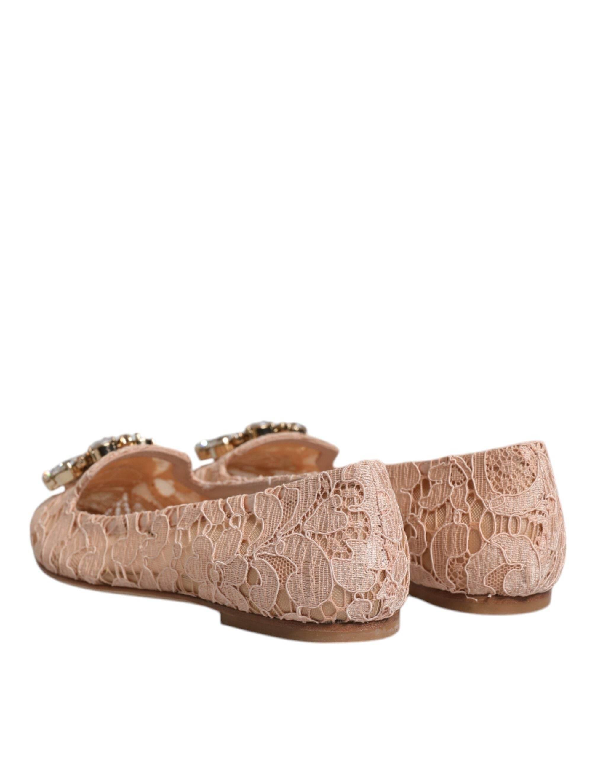Dolce & Gabbana Beige Lace Crystal Ballet Flats Loafers Shoes - Hilstor