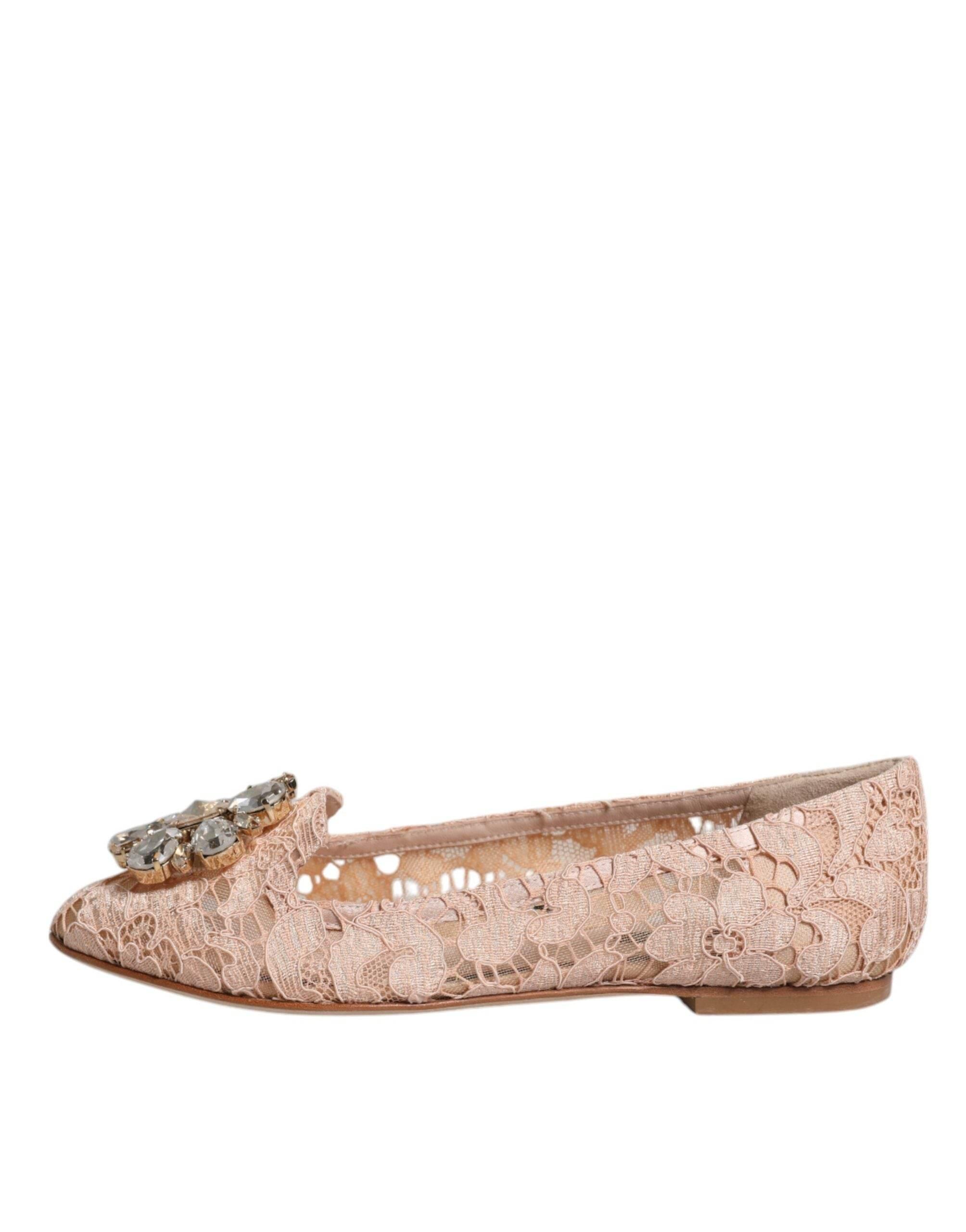 Dolce & Gabbana Beige Lace Crystal Ballet Flats Loafers Shoes - Hilstor