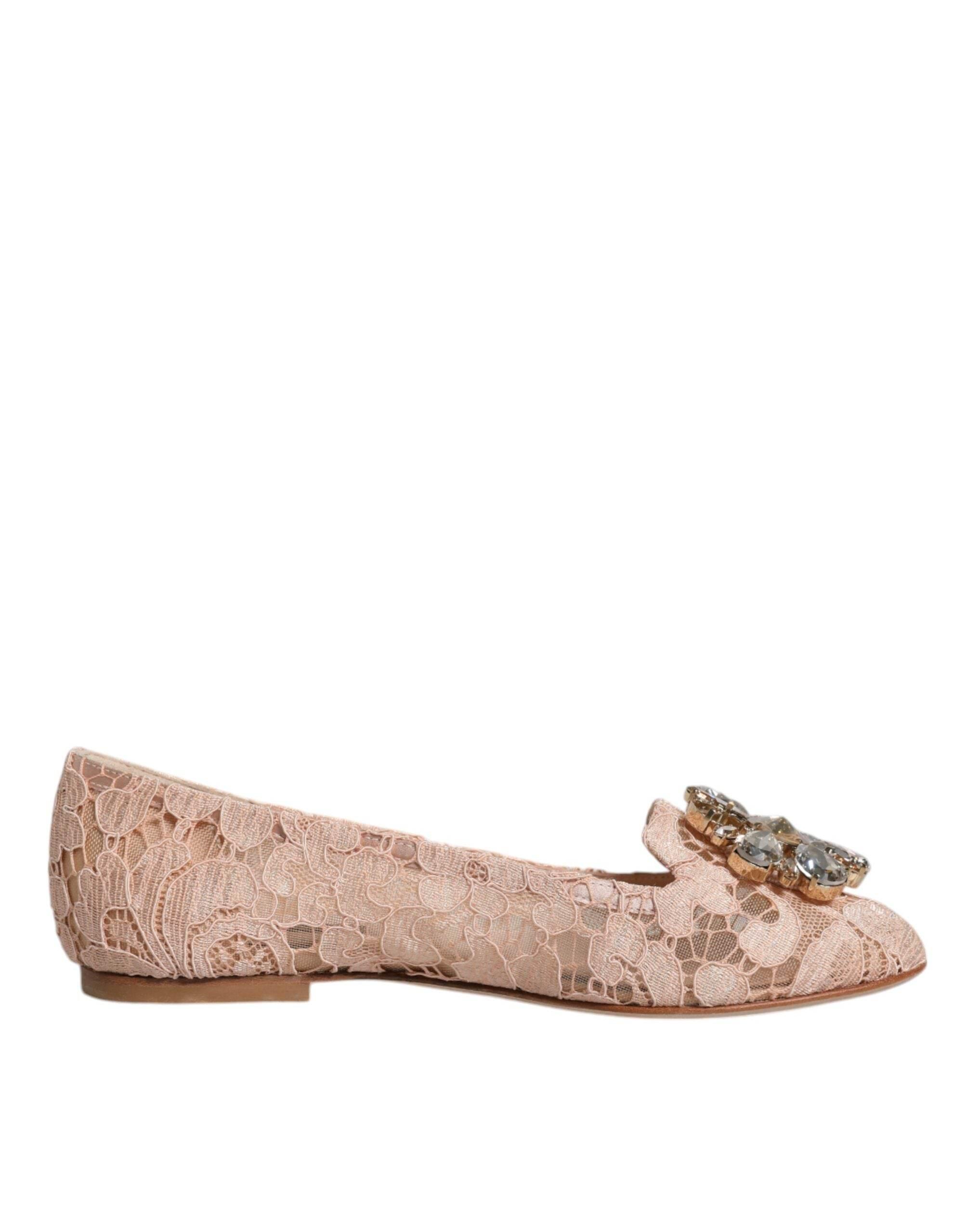 Dolce & Gabbana Beige Lace Crystal Ballet Flats Loafers Shoes - Hilstor