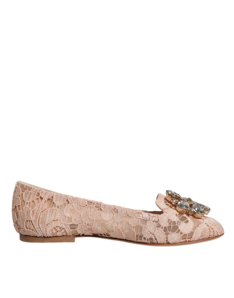 Dolce & Gabbana Beige Lace Crystal Ballet Flats Loafers Shoes - Hilstor
