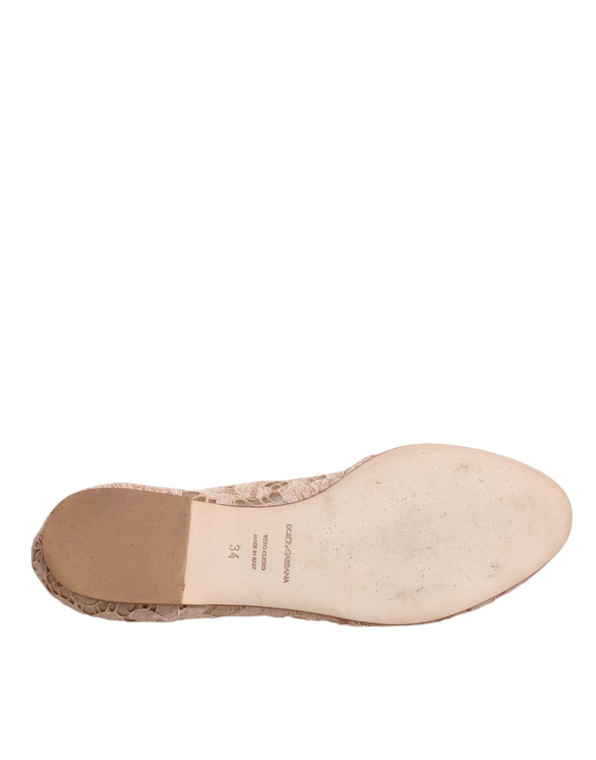 Dolce & Gabbana Beige Lace Crystal Ballet Flats Loafers Shoes - Hilstor