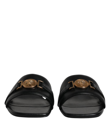 Versace Black Leather Logo Plaque Slip On Slides Flats Shoes - Hilstor