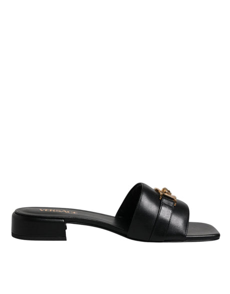 Versace Black Leather Logo Plaque Slip On Slides Flats Shoes - Hilstor