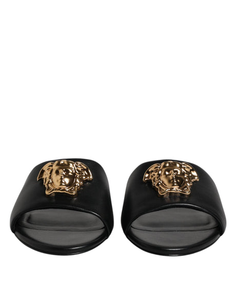 Versace Black Leather Logo Plaque Slip On Slides Flats Shoes - Hilstor