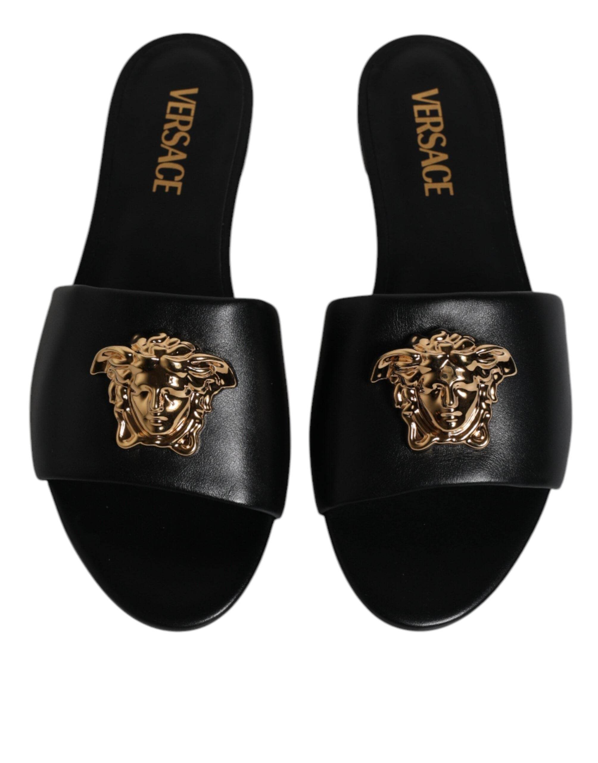 Versace Black Leather Logo Plaque Slip On Slides Flats Shoes - Hilstor