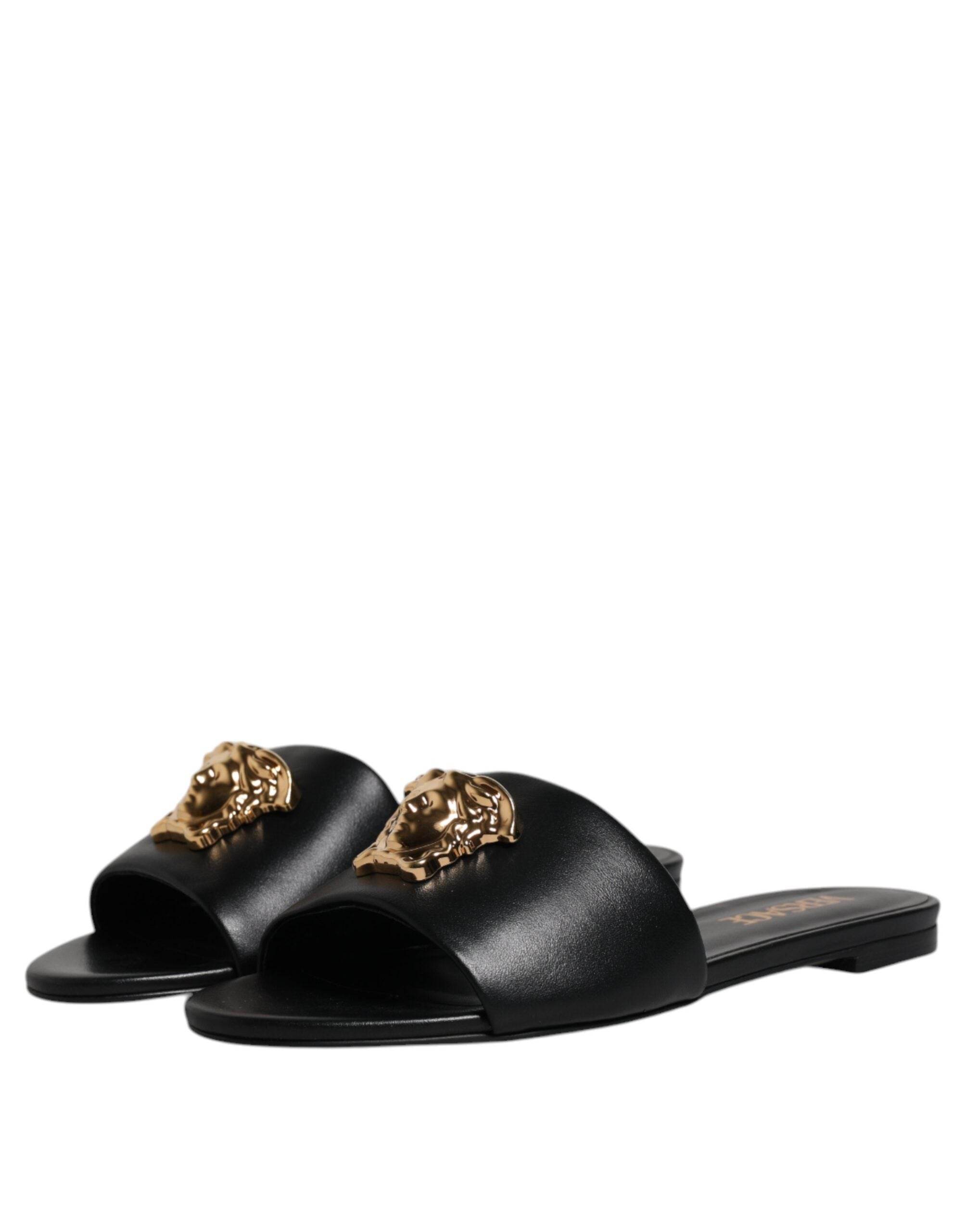 Versace Black Leather Logo Plaque Slip On Slides Flats Shoes - Hilstor