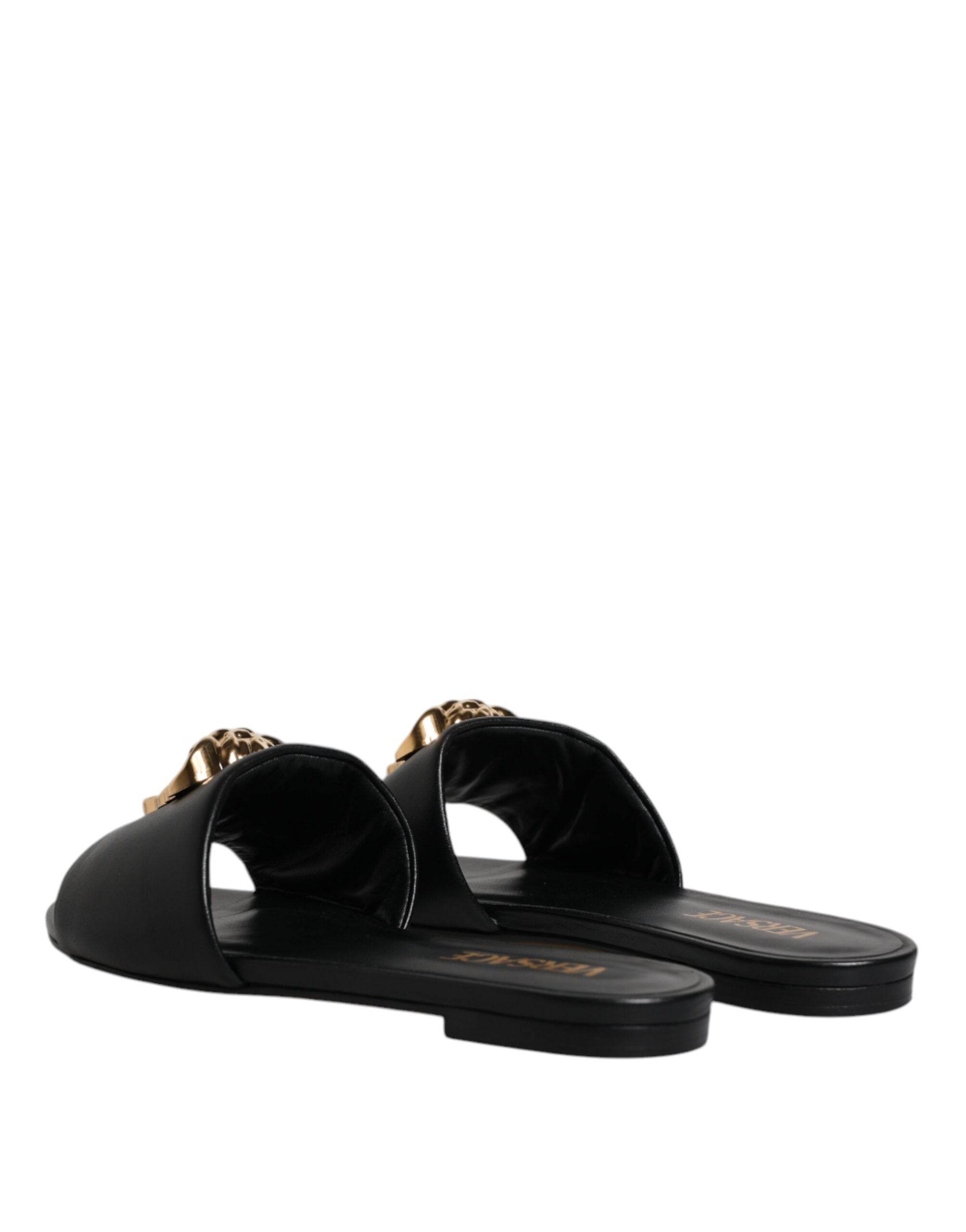 Versace Black Leather Logo Plaque Slip On Slides Flats Shoes - Hilstor
