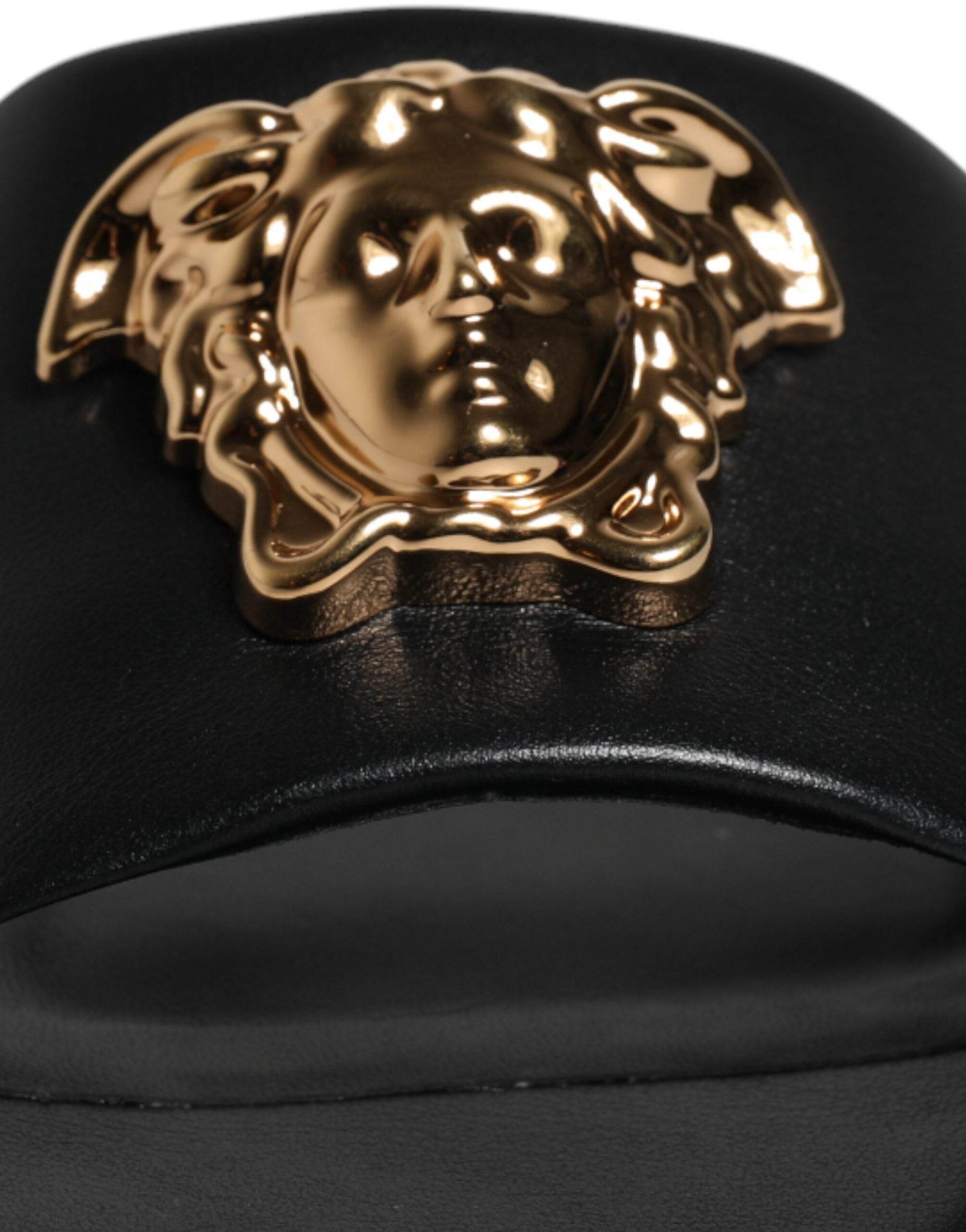 Versace Black Leather Logo Plaque Slip On Slides Flats Shoes - Hilstor