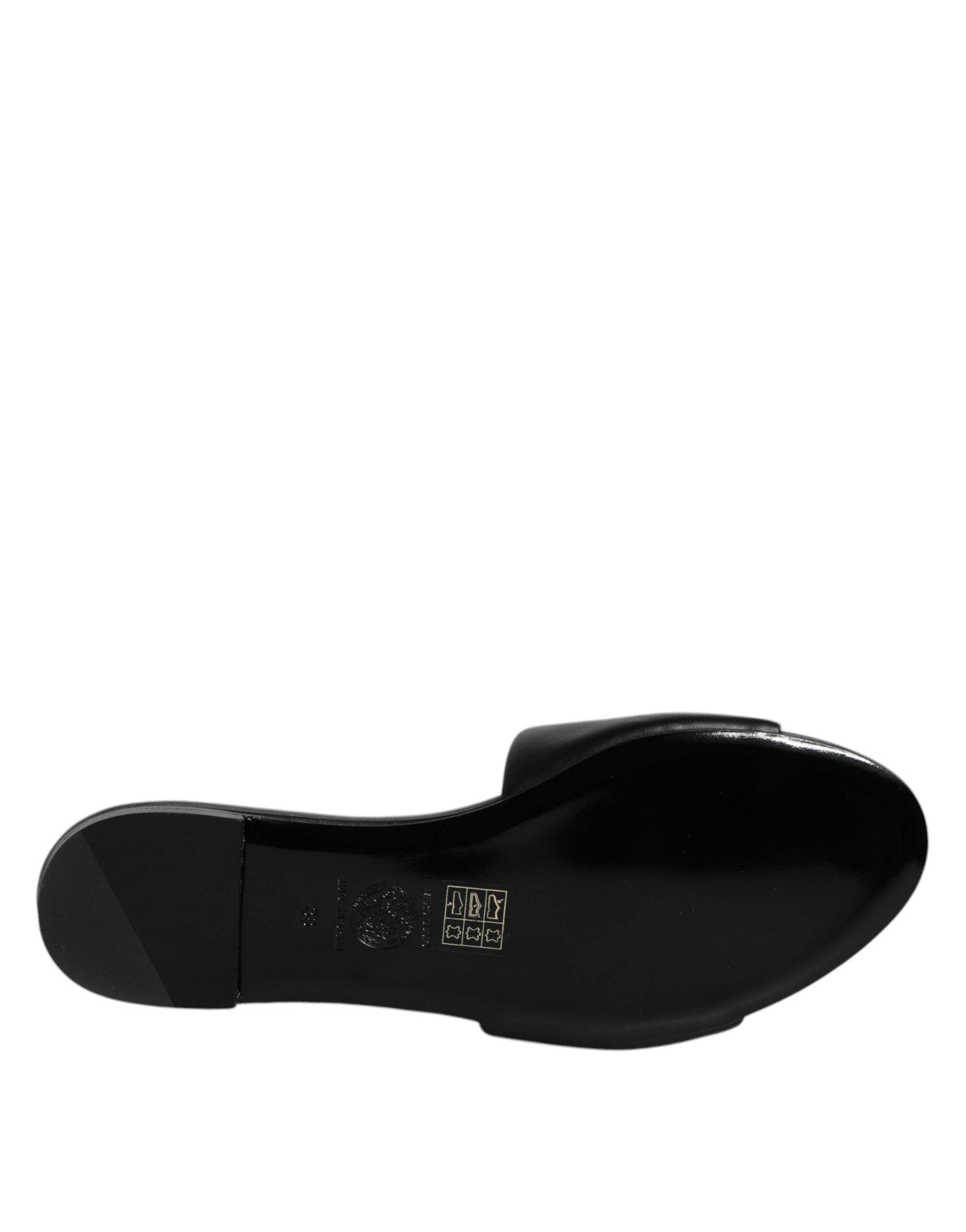 Versace Black Leather Logo Plaque Slip On Slides Flats Shoes - Hilstor