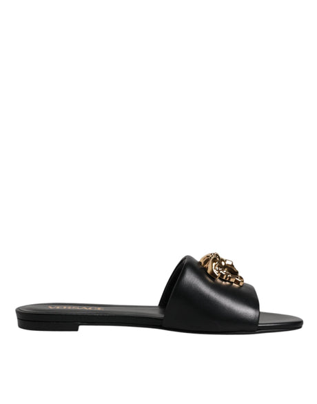 Versace Black Leather Logo Plaque Slip On Slides Flats Shoes - Hilstor