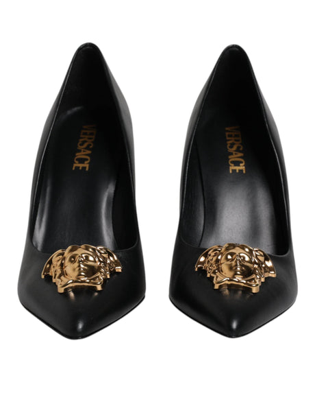 Versace Black Leather Logo Plaque High Heels Pumps Shoes - Hilstor