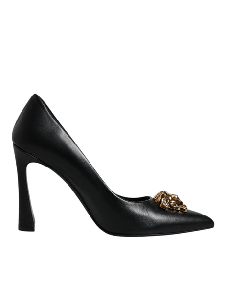 Versace Black Leather Logo Plaque High Heels Pumps Shoes - Hilstor