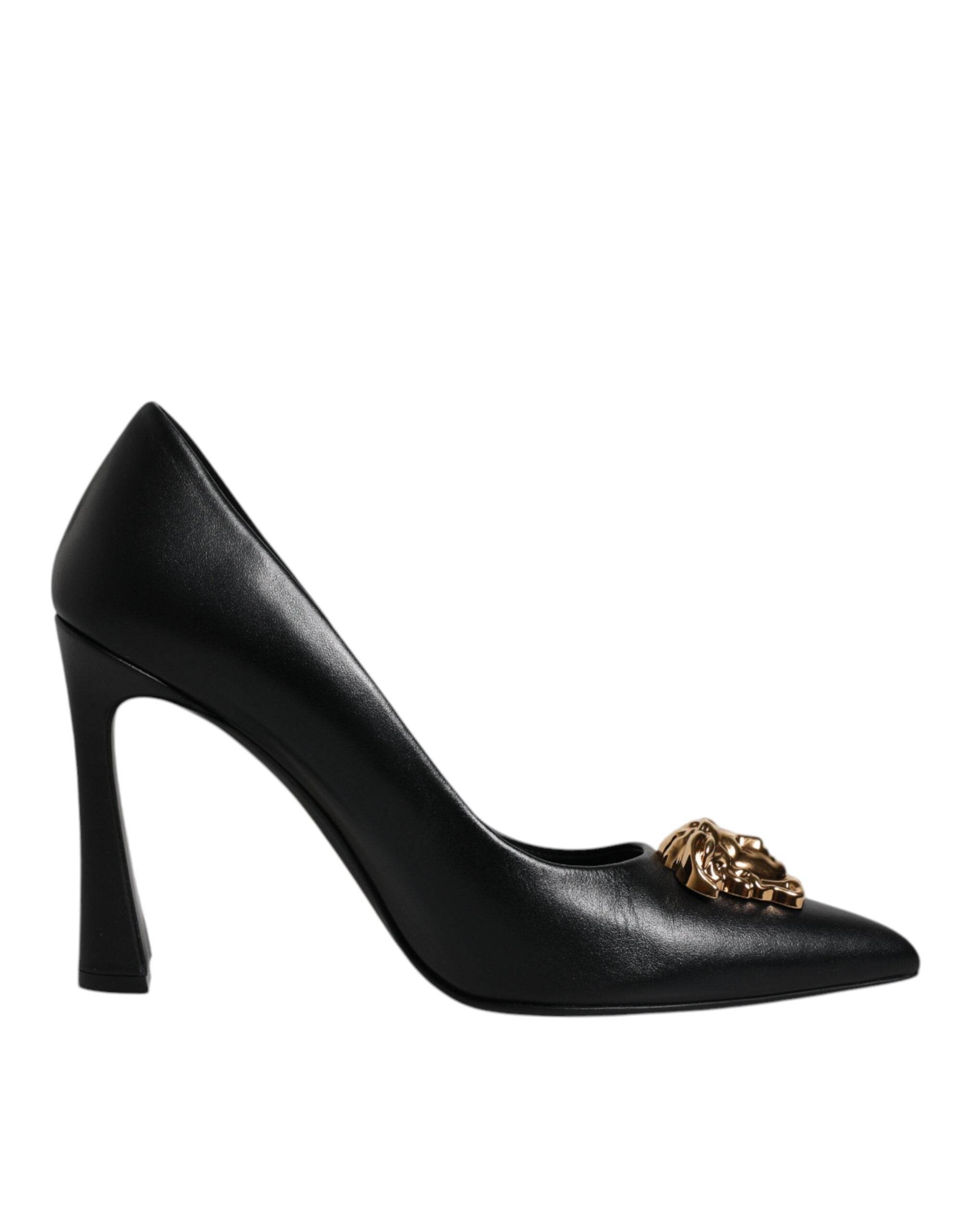 Versace Black Leather Logo Plaque High Heels Pumps Shoes - Hilstor