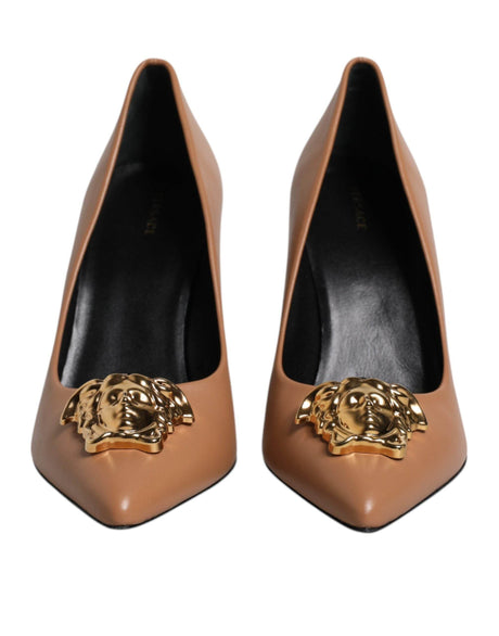 Versace Brown Leather Logo Plaque High Heels Pumps Shoes - Hilstor