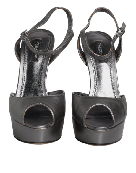 Dolce & Gabbana Silver Leather Platform Heels Sandals Shoes - Hilstor
