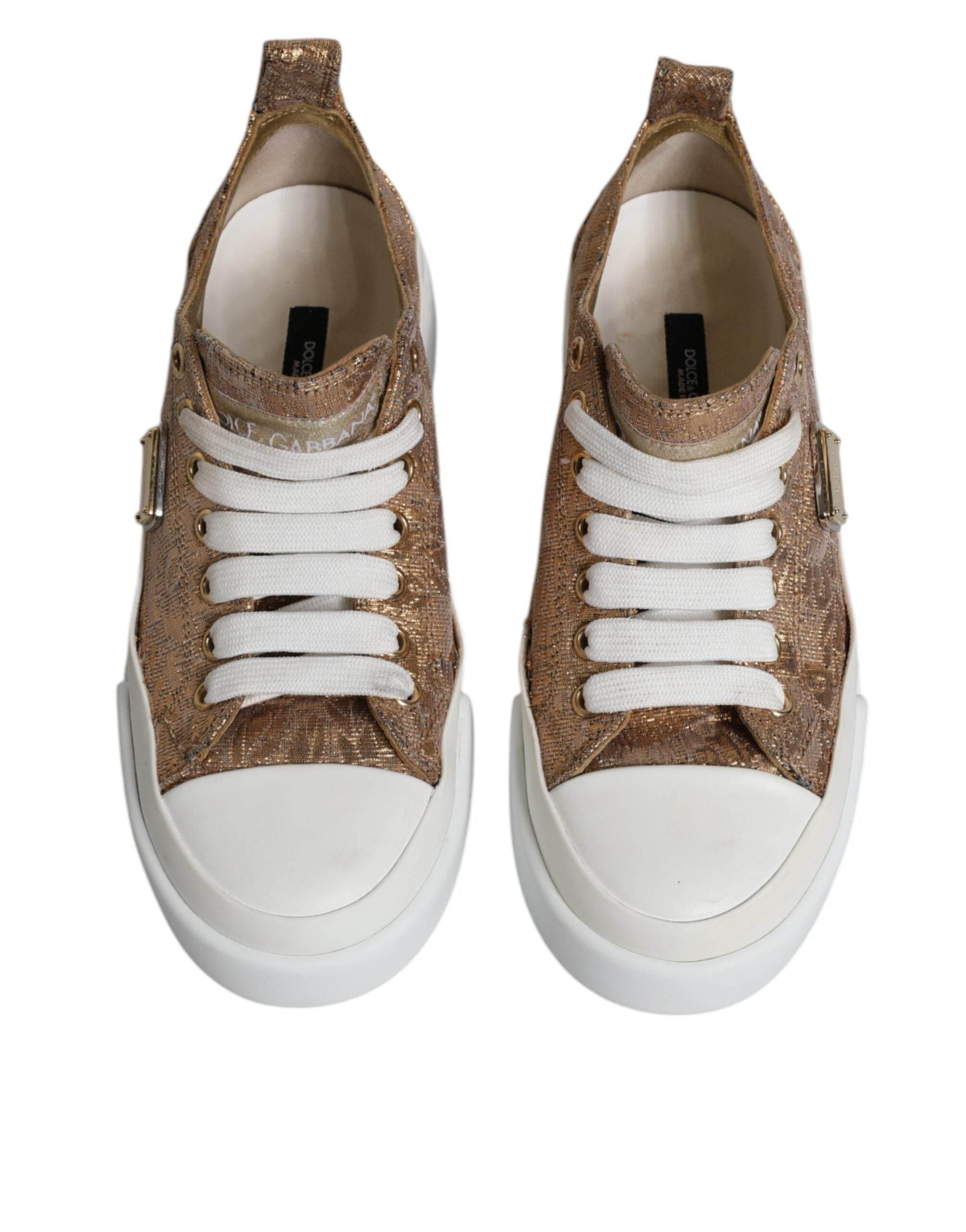 Dolce & Gabbana Gold White Logo Low Top Sneakers Shoes - Hilstor