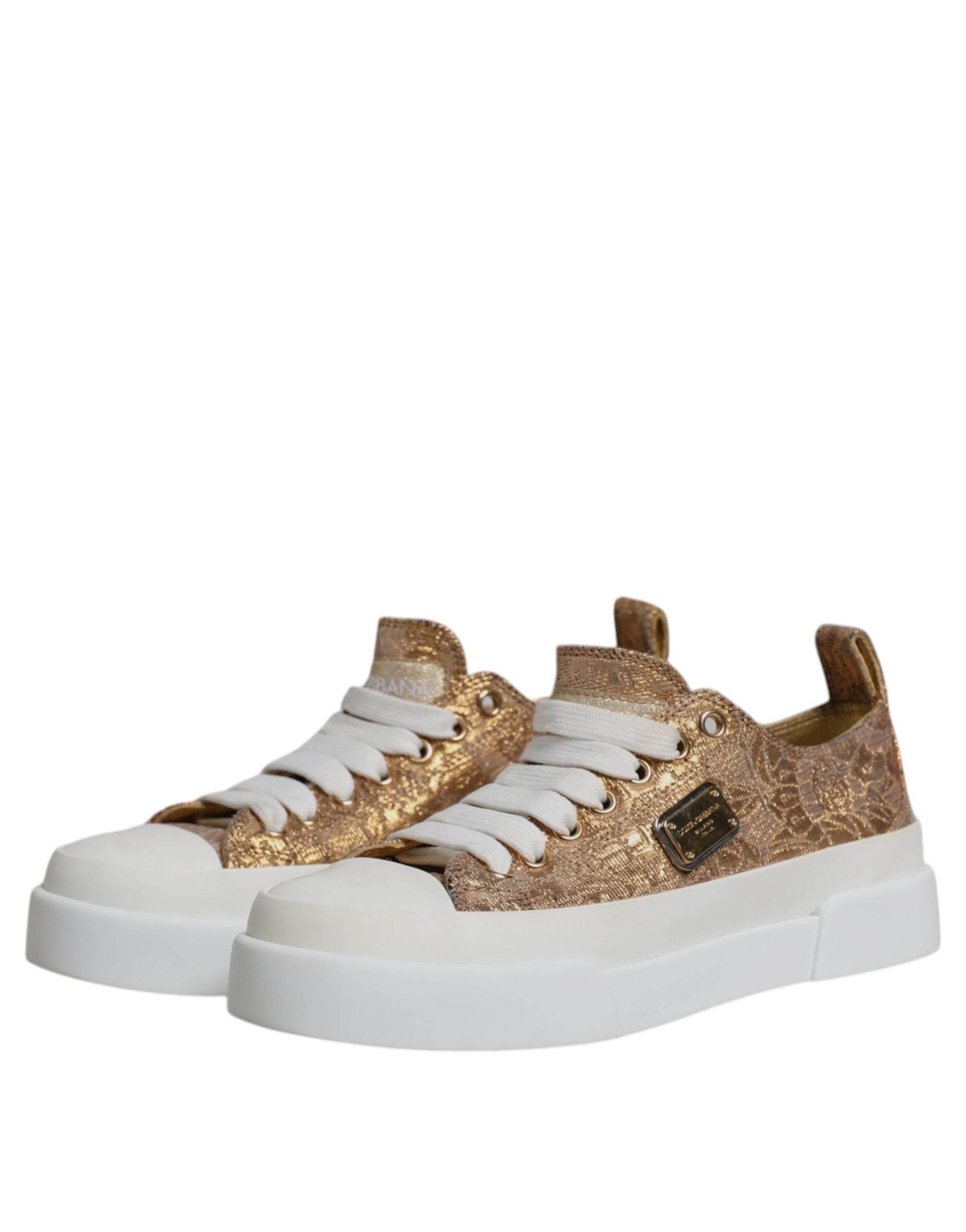 Dolce & Gabbana Gold White Logo Low Top Sneakers Shoes - Hilstor