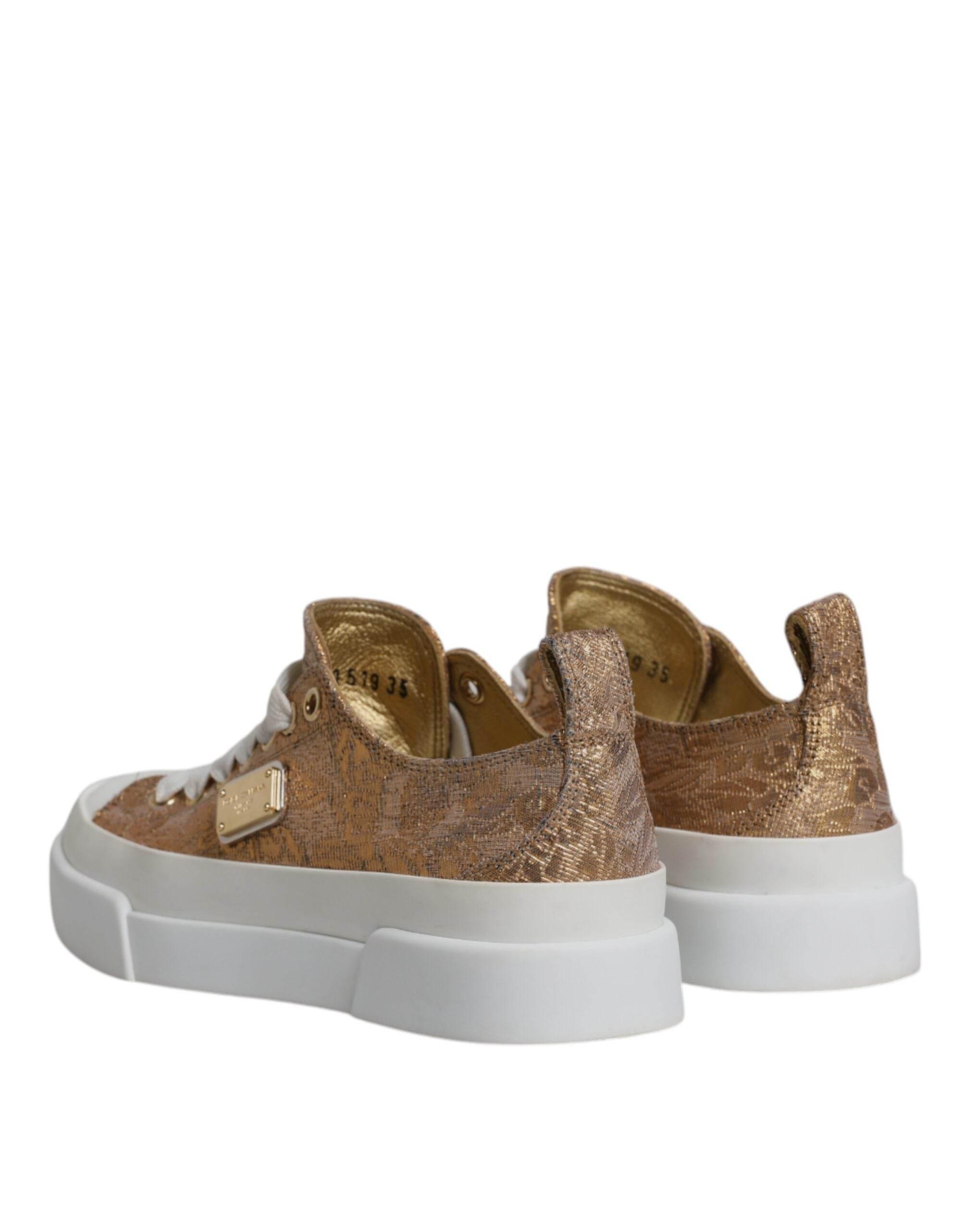 Dolce & Gabbana Gold White Logo Low Top Sneakers Shoes - Hilstor