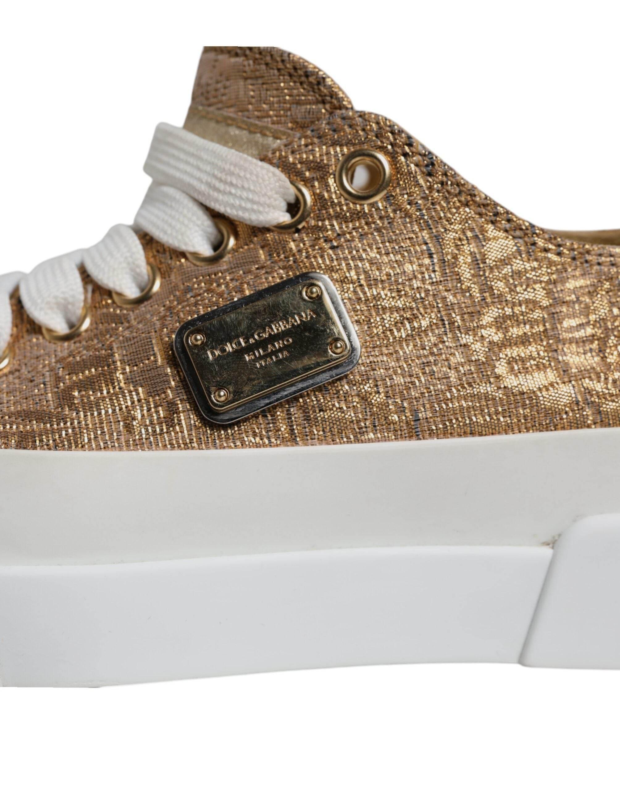 Dolce & Gabbana Gold White Logo Low Top Sneakers Shoes - Hilstor