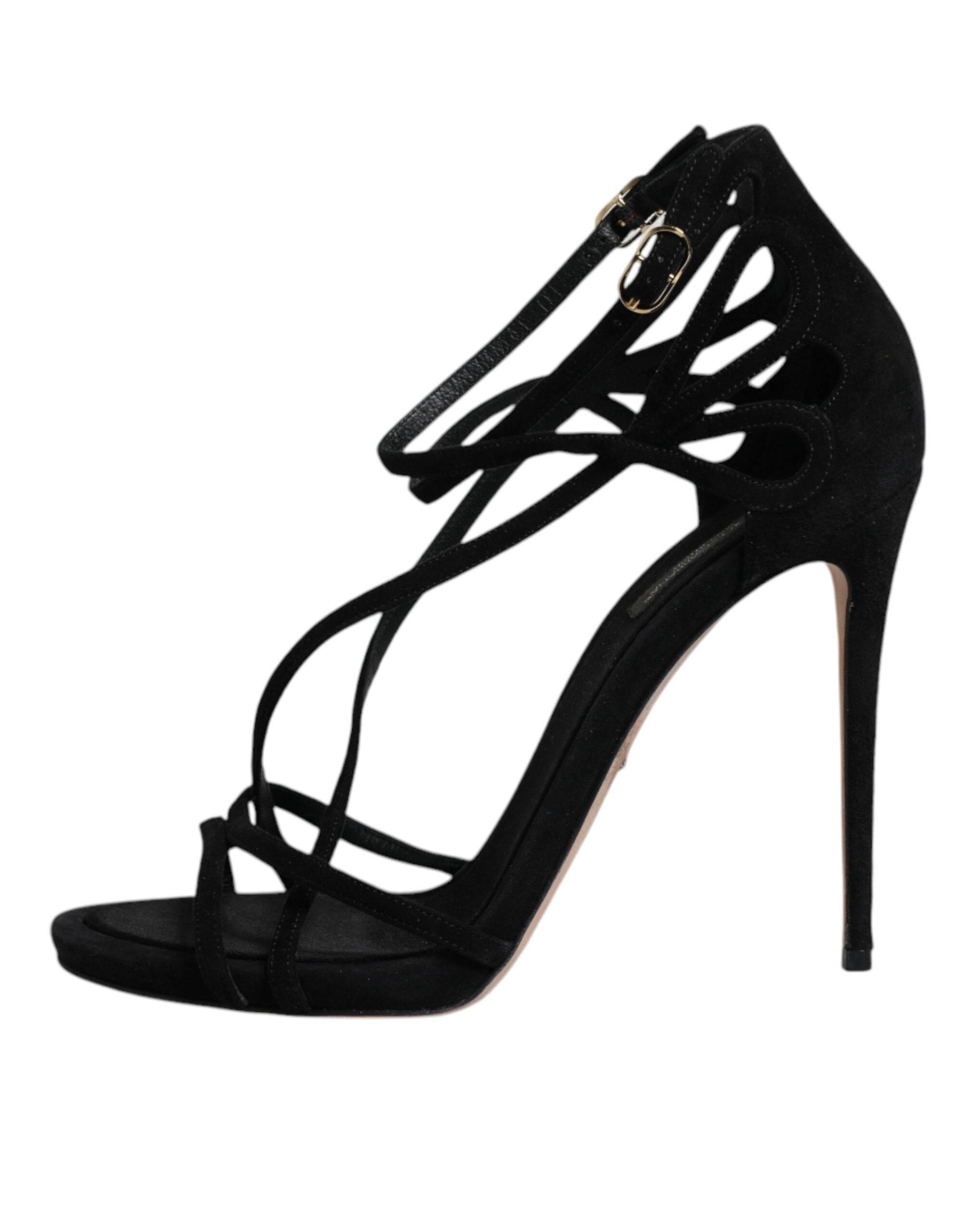 Dolce & Gabbana Black Suede Ankle Strap Heels Sandals Shoes - Hilstor