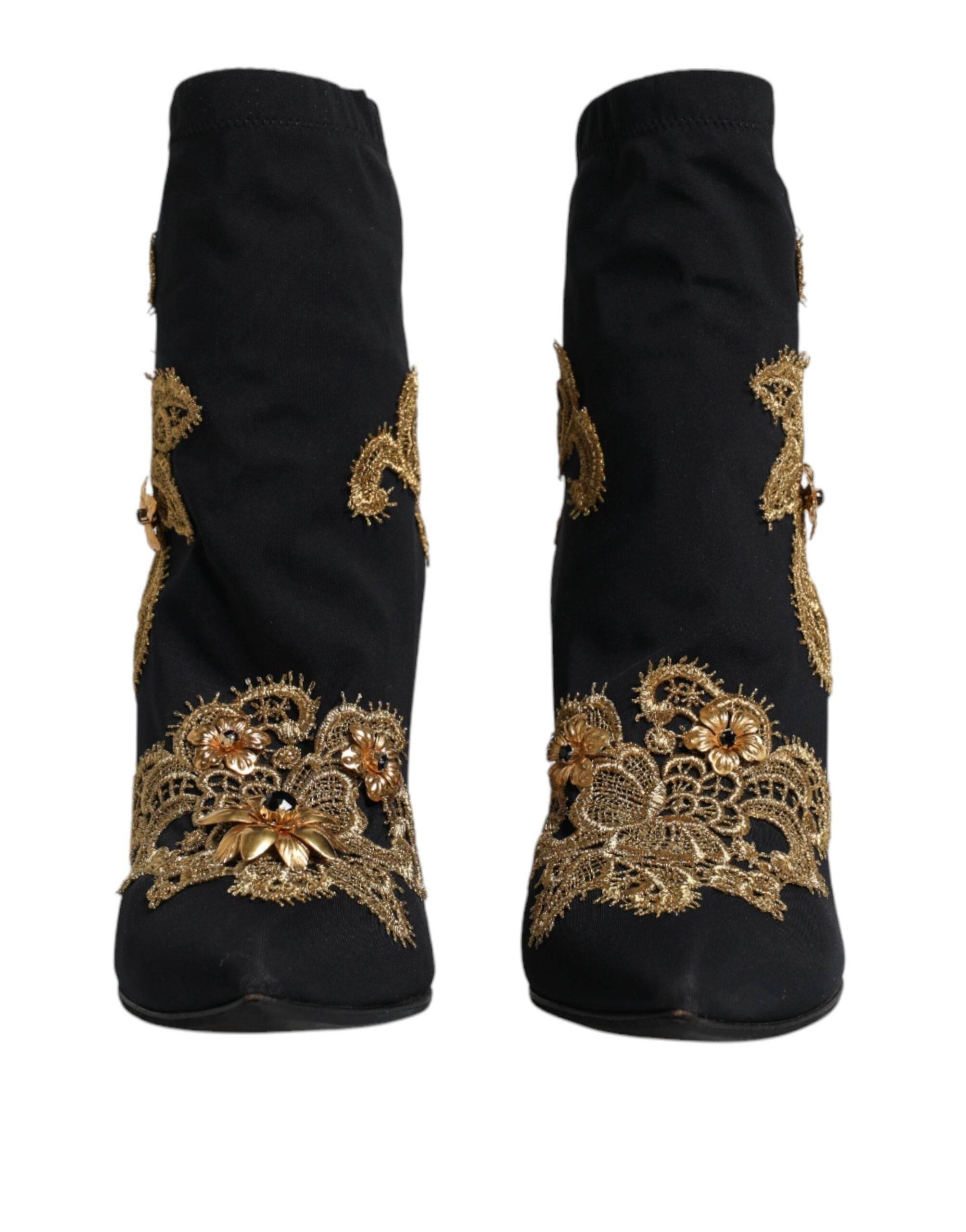 Dolce & Gabbana Black Gold Embroidery Slip On Boots Shoes - Hilstor