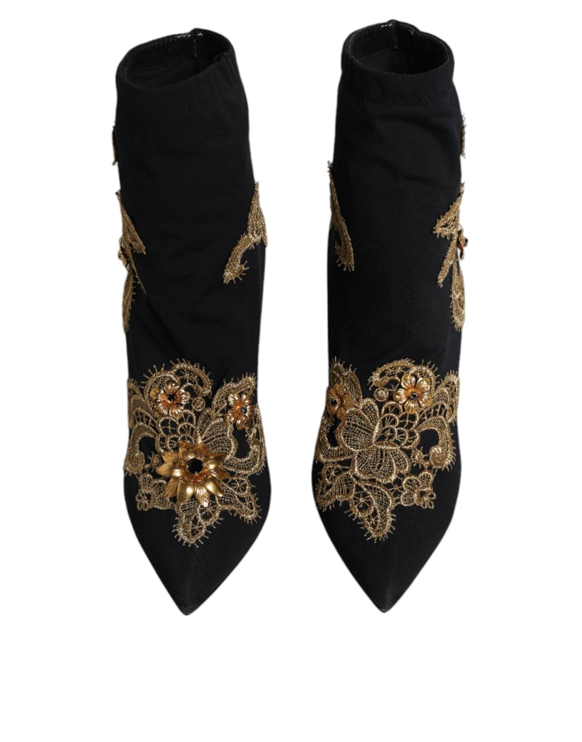 Dolce & Gabbana Black Gold Embroidery Slip On Boots Shoes - Hilstor