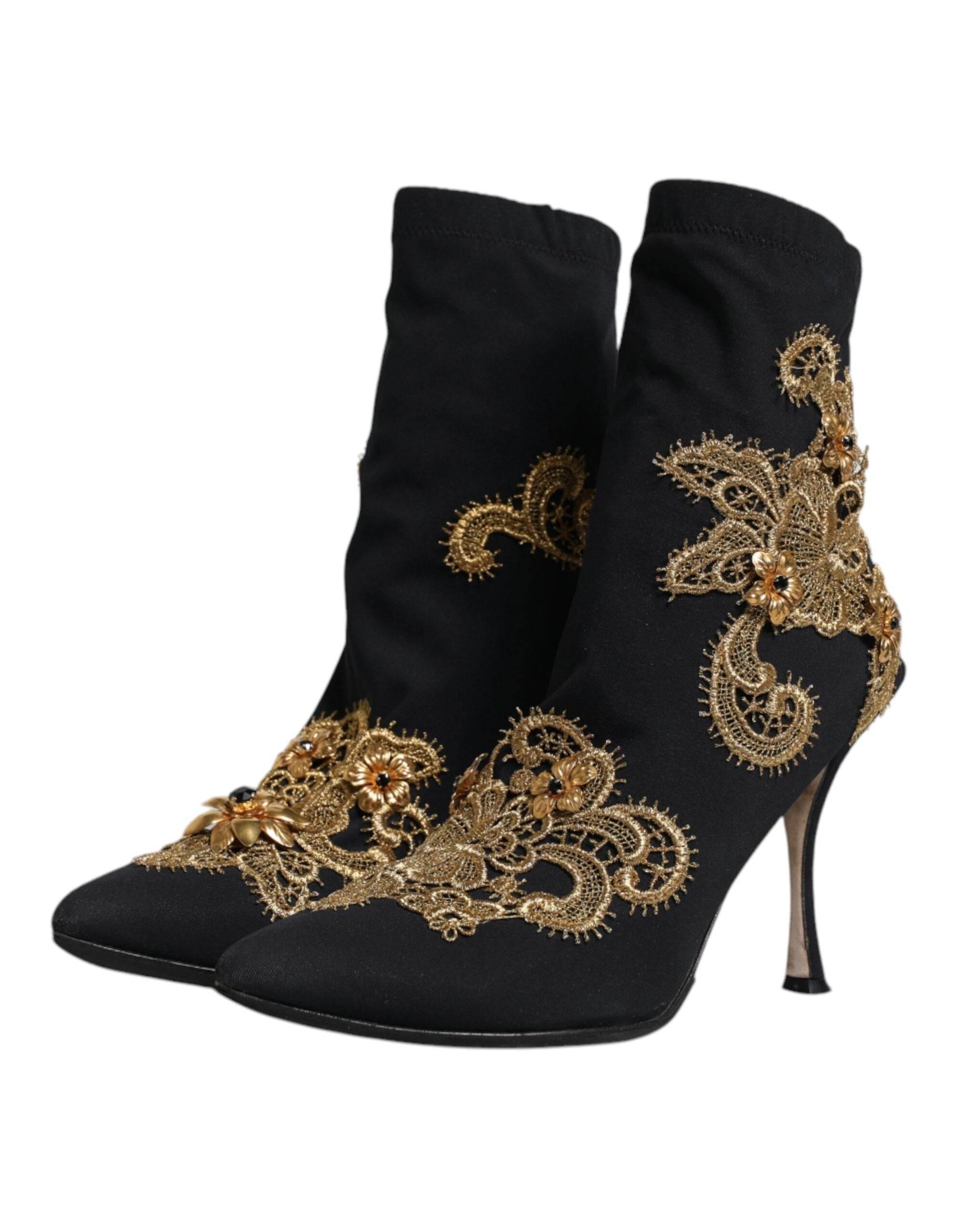 Dolce & Gabbana Black Gold Embroidery Slip On Boots Shoes - Hilstor