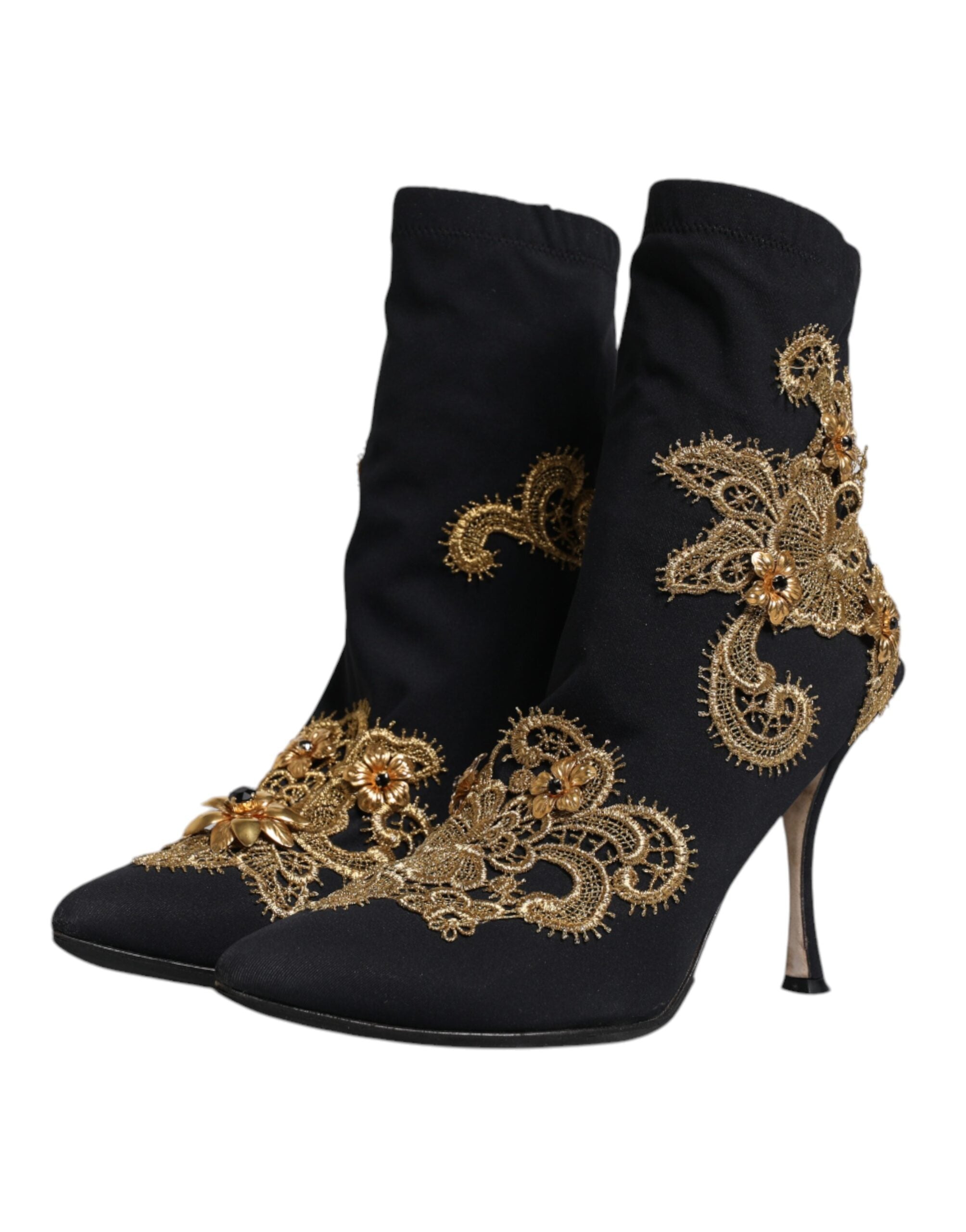 Dolce &amp; Gabbana Sort Guld Broderi Slip On Boots Sko