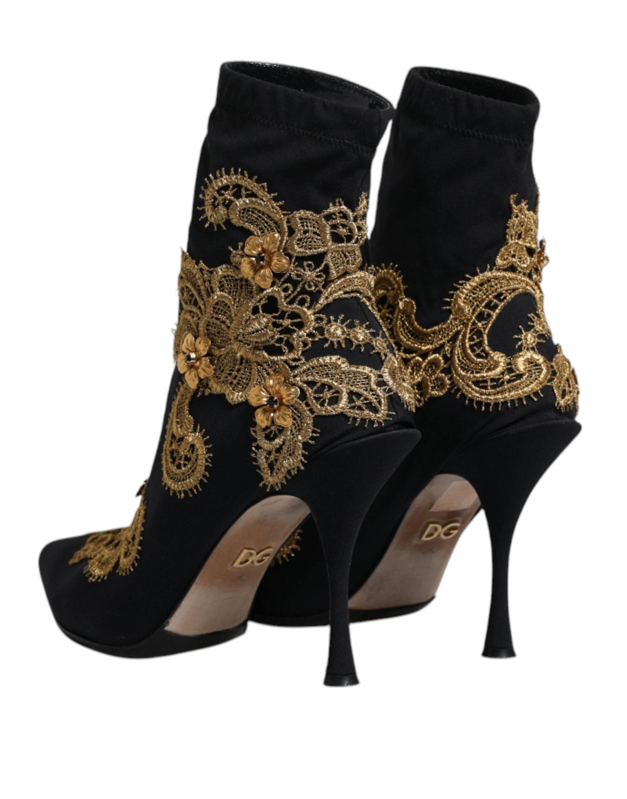 Dolce & Gabbana Black Gold Embroidery Slip On Boots Shoes - Hilstor