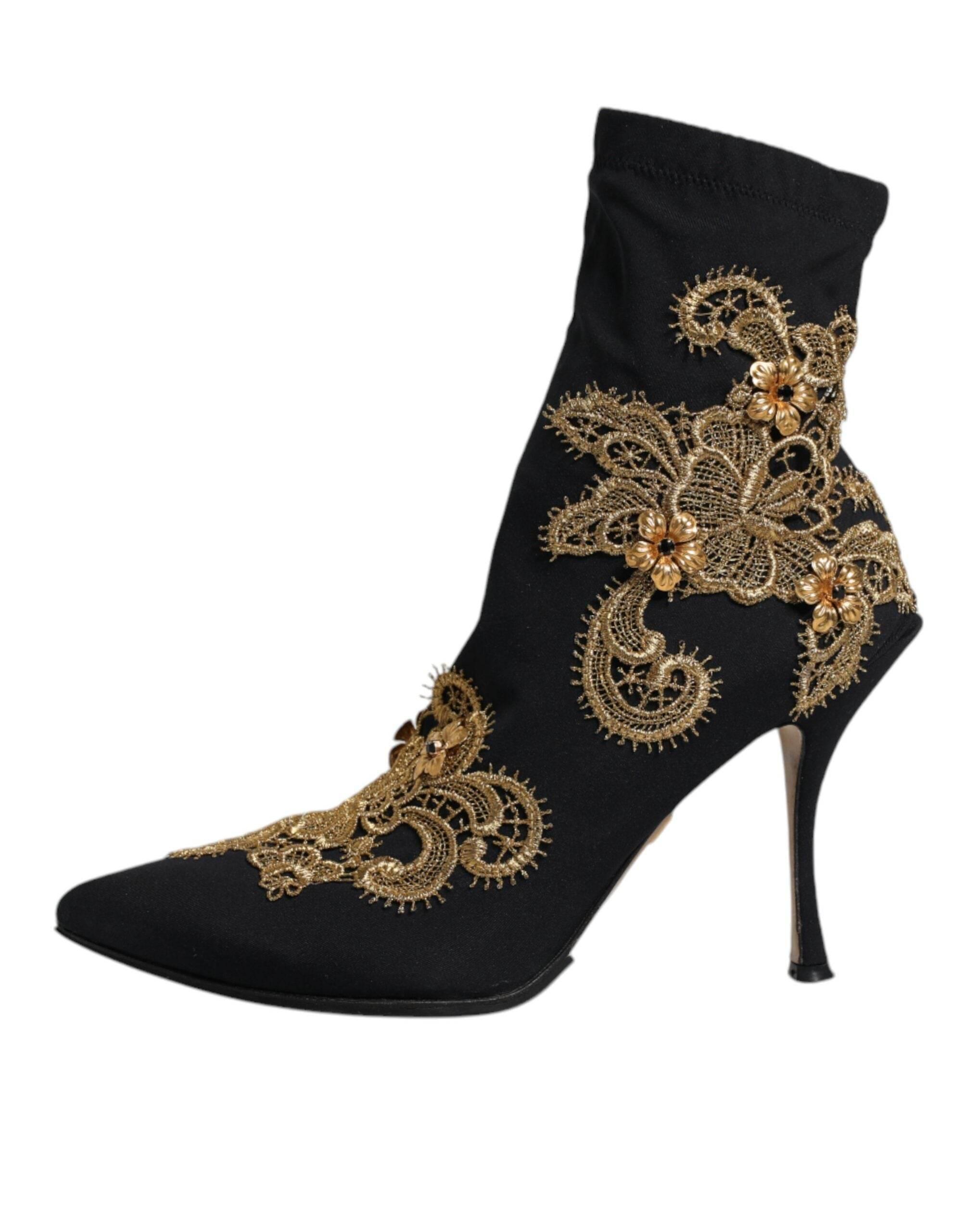 Dolce & Gabbana Black Gold Embroidery Slip On Boots Shoes - Hilstor