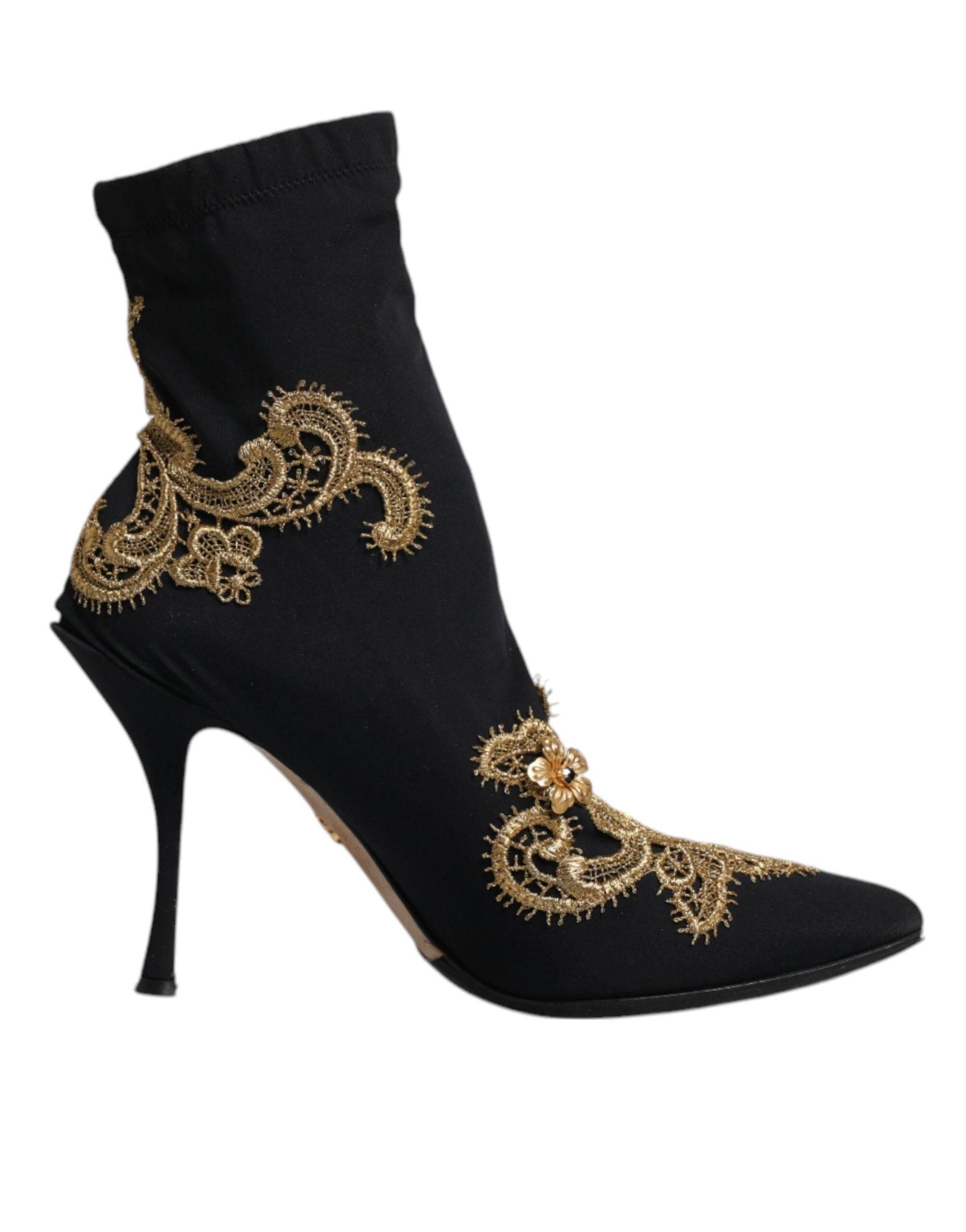 Dolce & Gabbana Black Gold Embroidery Slip On Boots Shoes - Hilstor