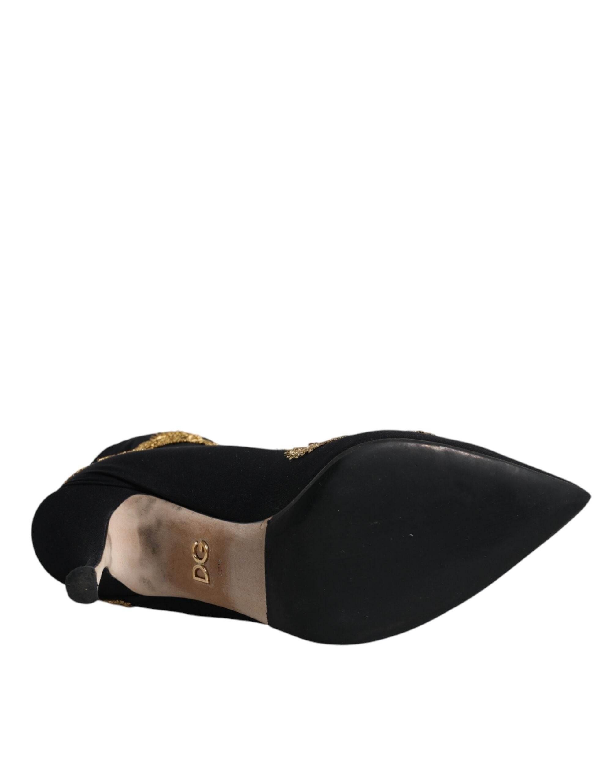 Dolce & Gabbana Black Gold Embroidery Slip On Boots Shoes - Hilstor