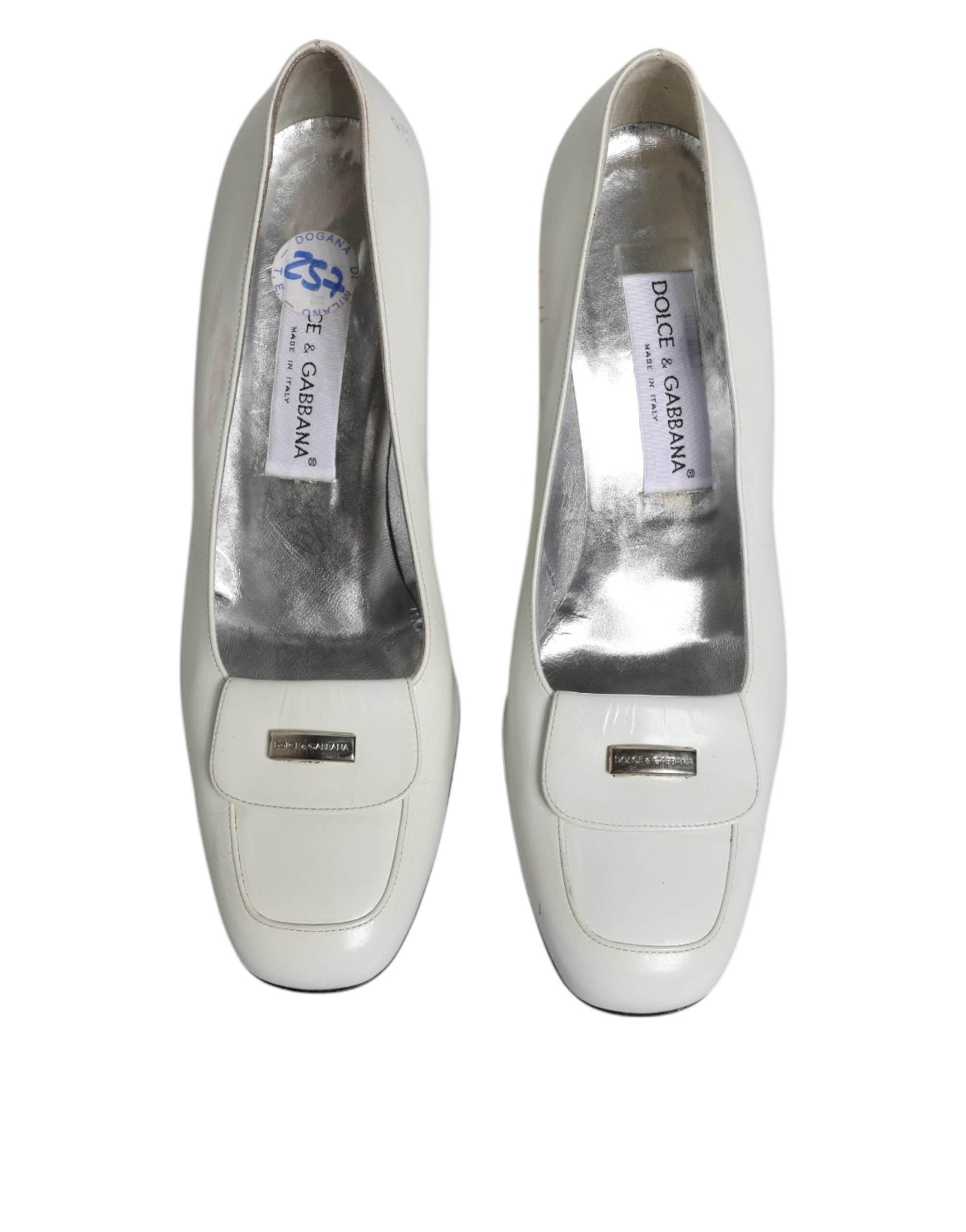 Dolce & Gabbana White Leather Block Heels Pumps Shoes - Hilstor