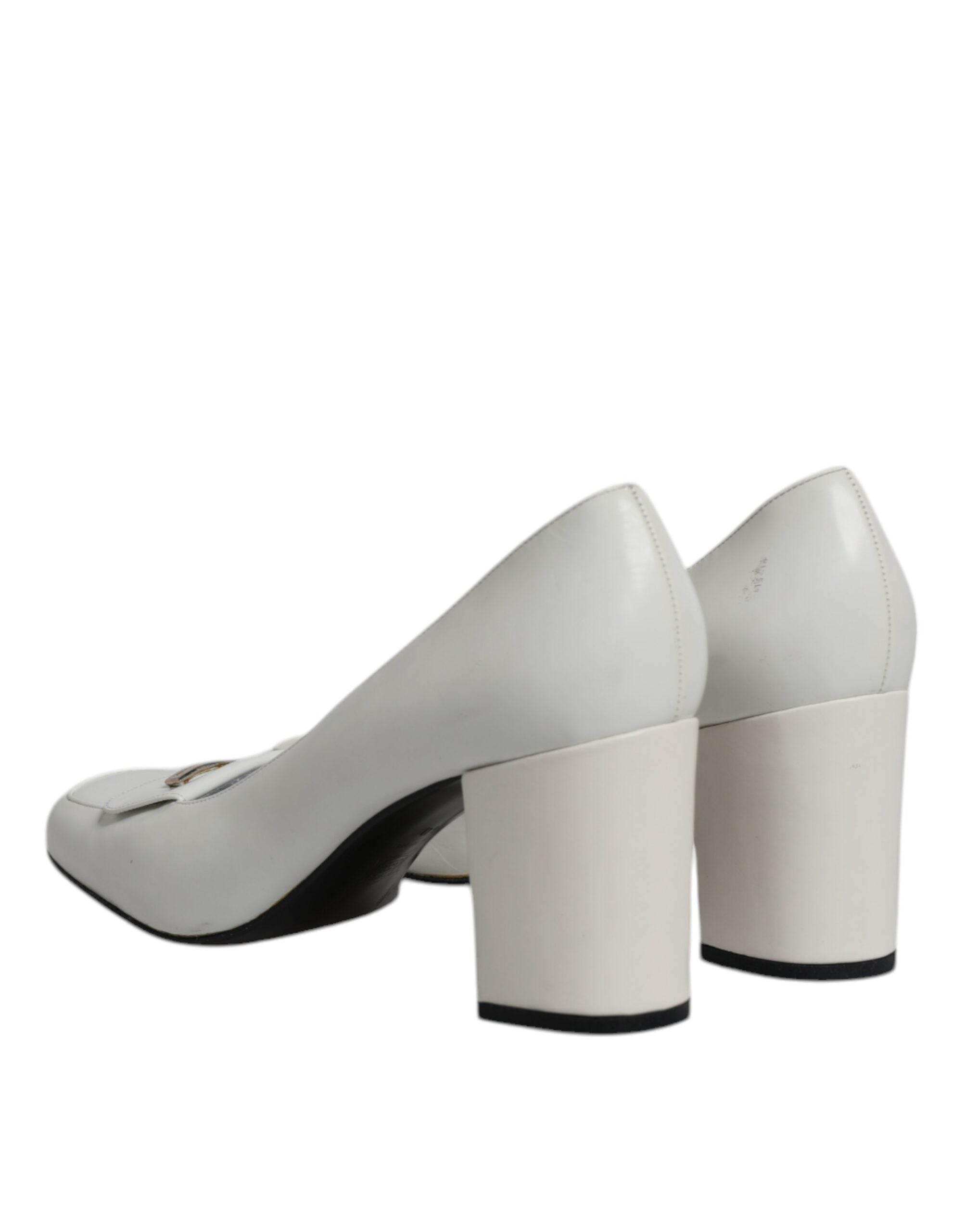 Dolce & Gabbana White Leather Block Heels Pumps Shoes - Hilstor