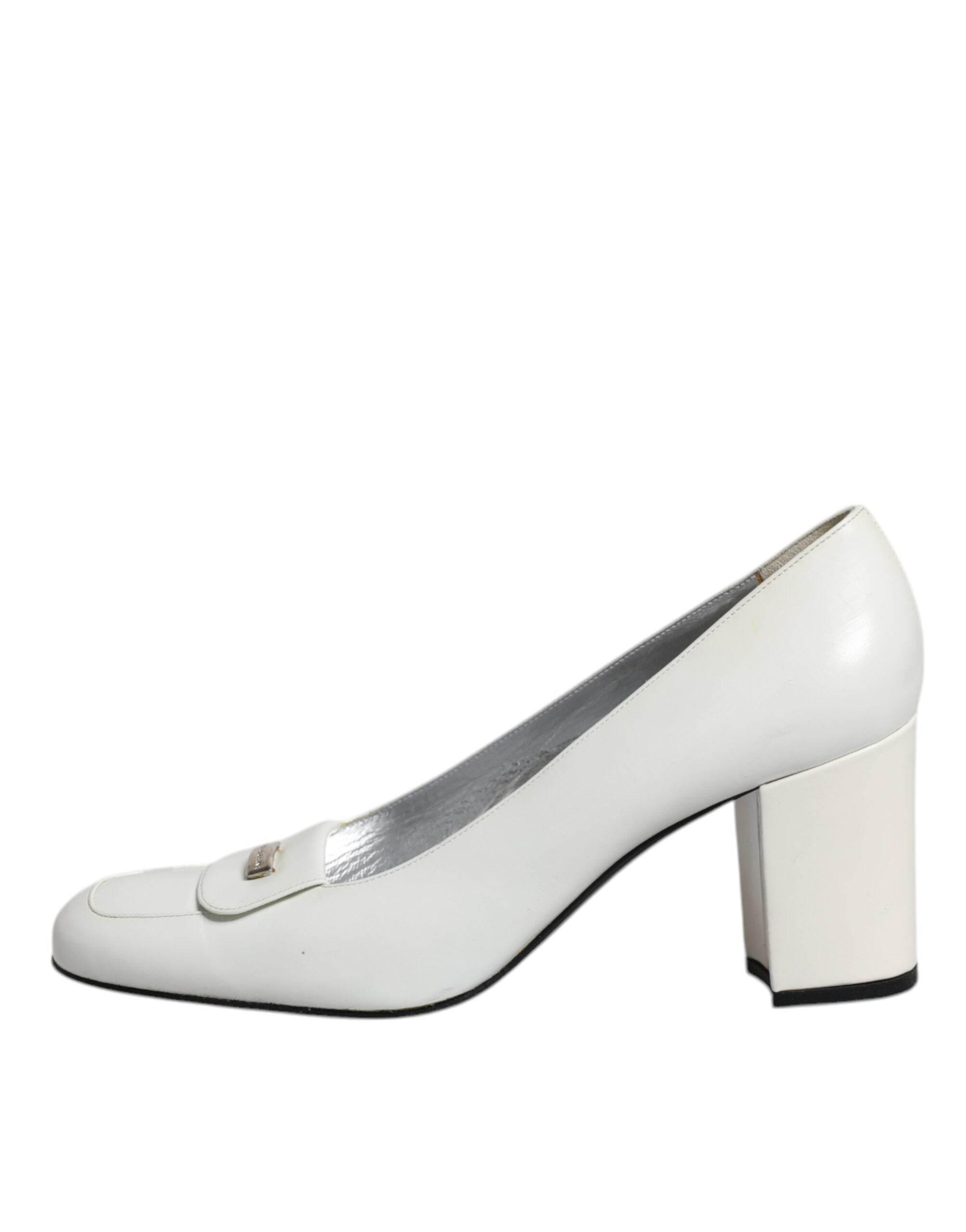 Dolce & Gabbana White Leather Block Heels Pumps Shoes - Hilstor