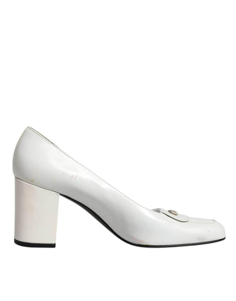 Dolce & Gabbana White Leather Block Heels Pumps Shoes - Hilstor